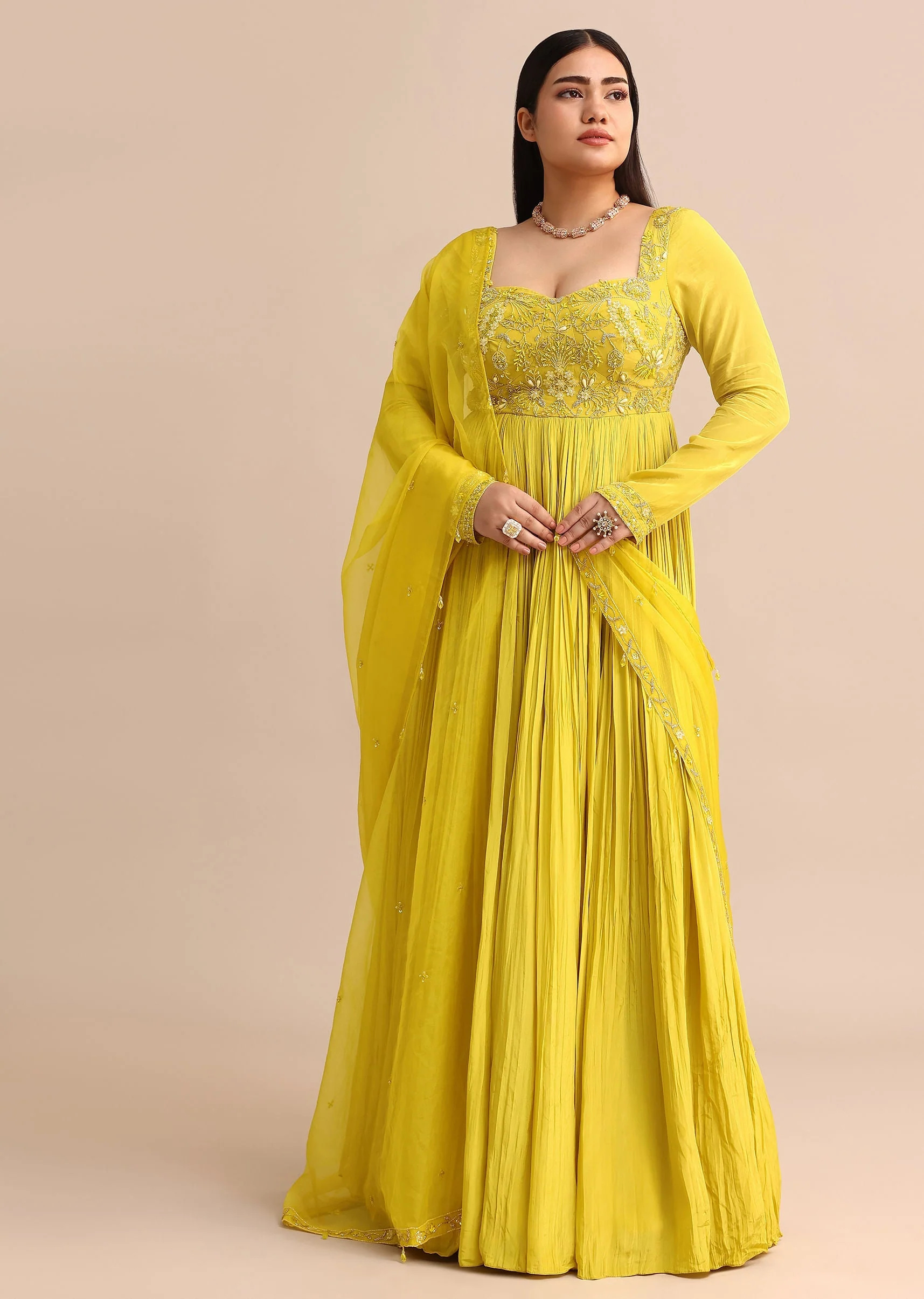 Sweetheart Neck Embroidered Crepe Yellow Anarkali Suit - Image 3