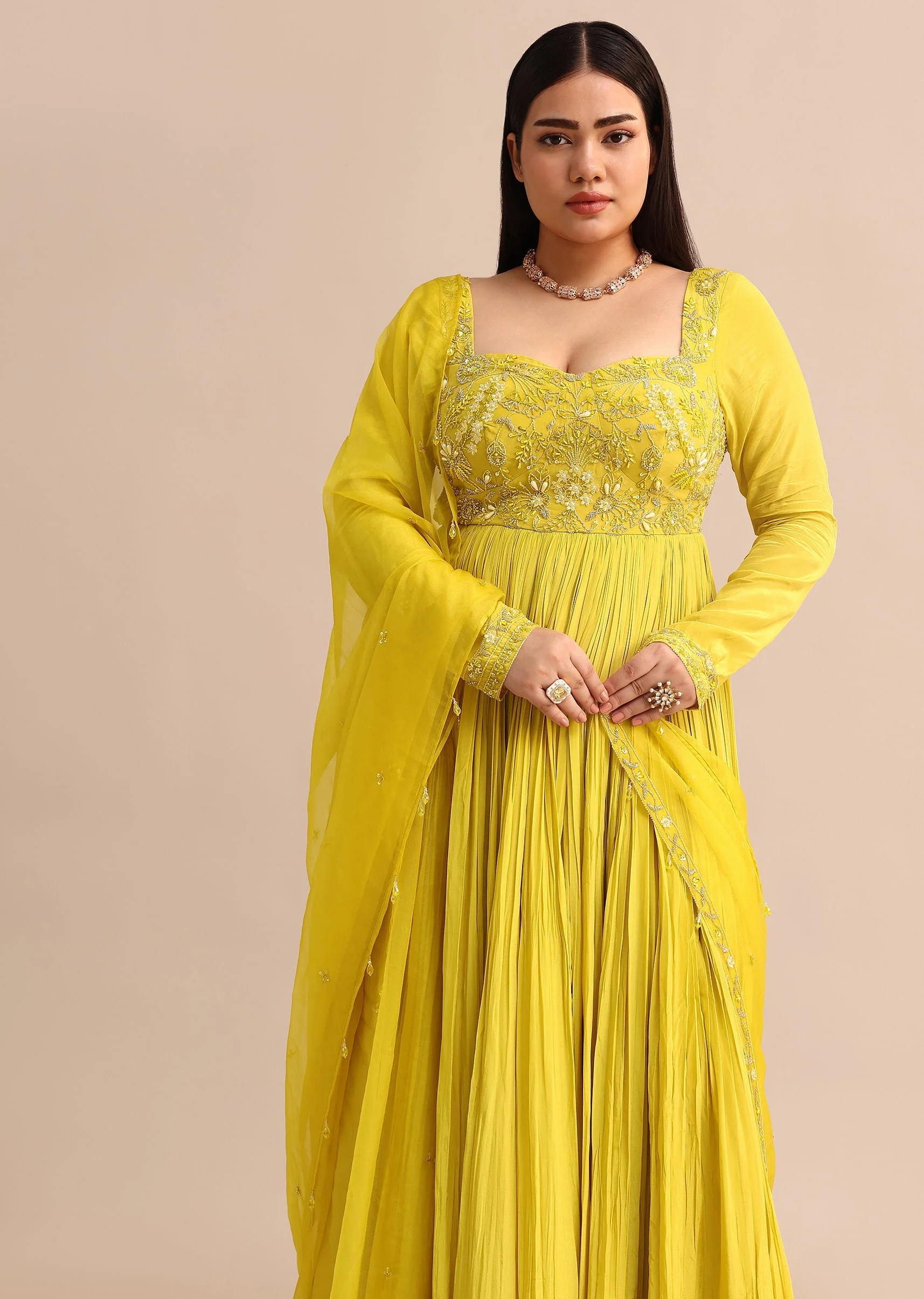 Sweetheart Neck Embroidered Crepe Yellow Anarkali Suit - Image 4