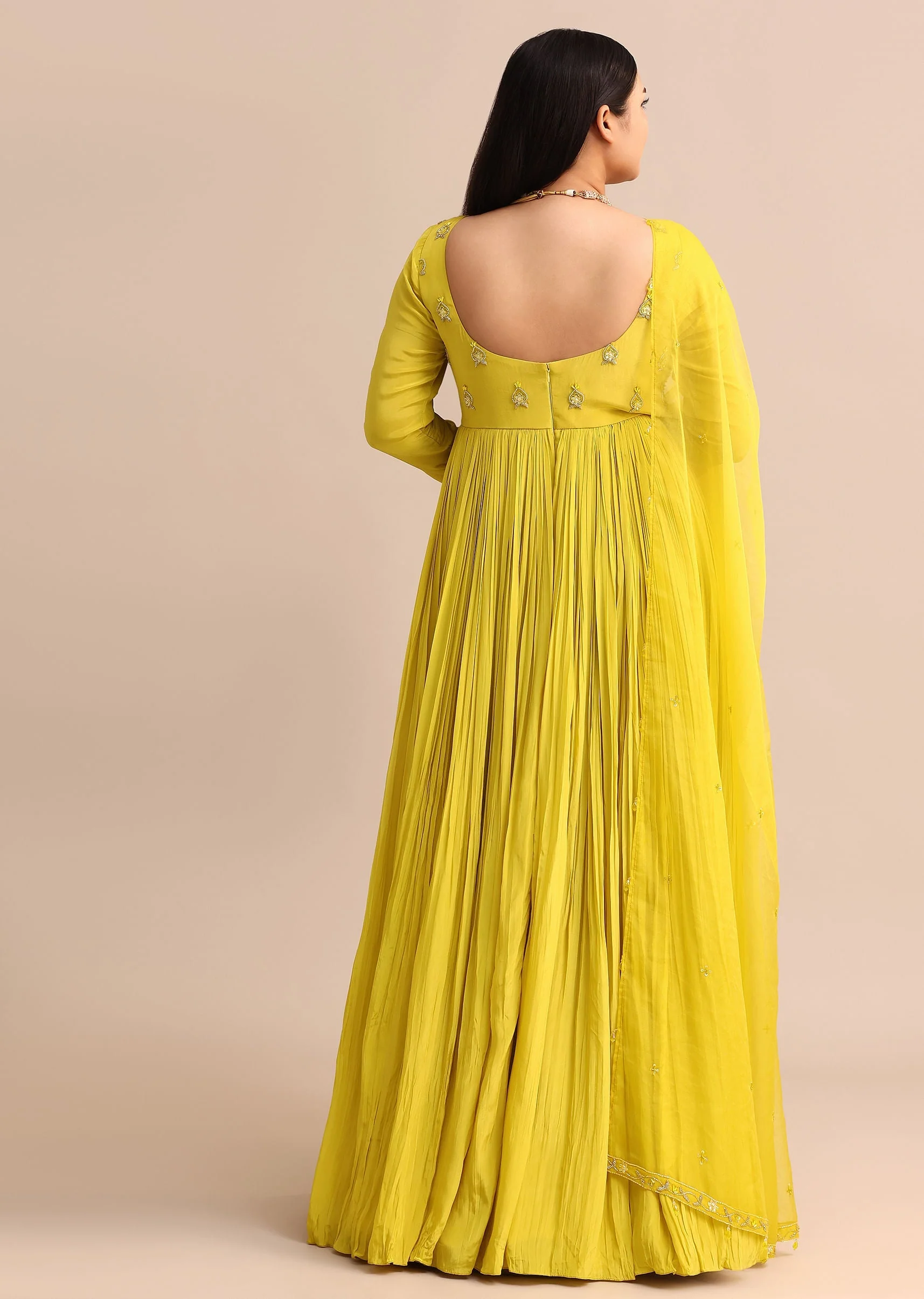Sweetheart Neck Embroidered Crepe Yellow Anarkali Suit - Image 5