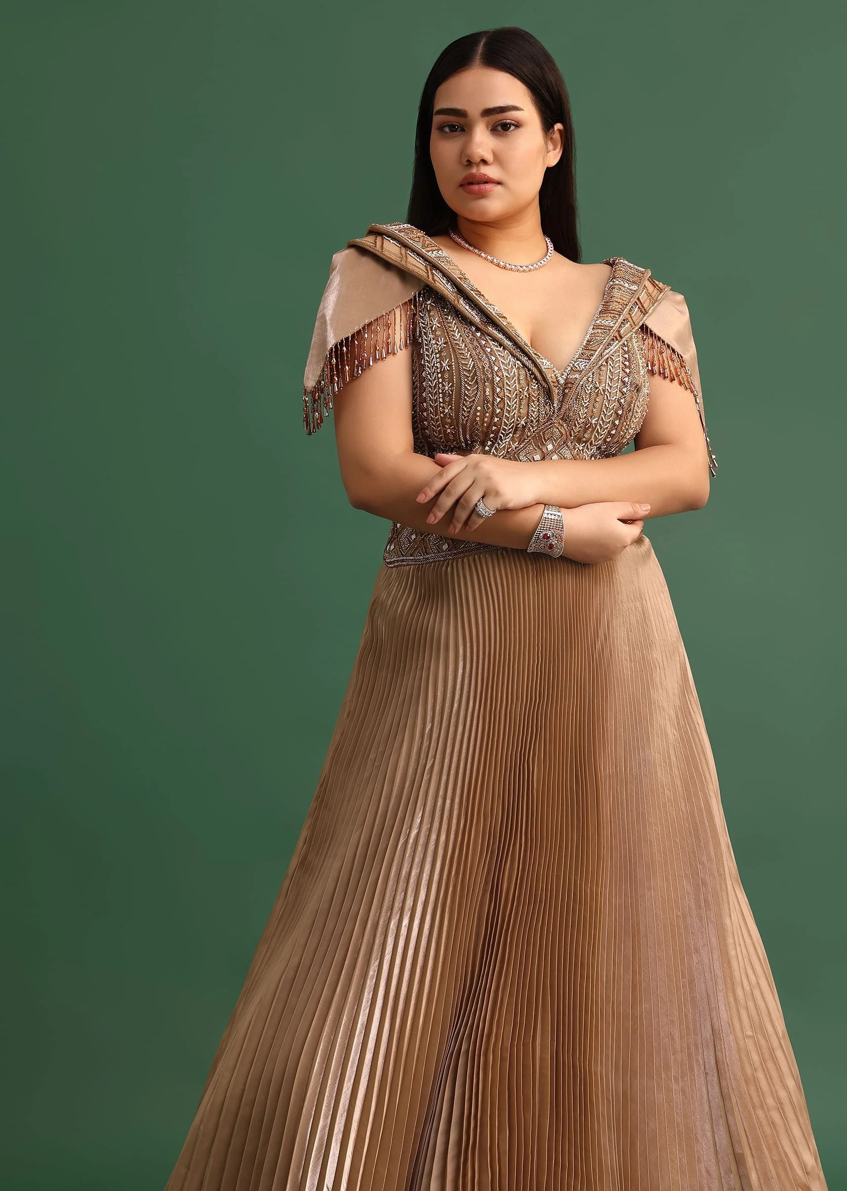 Tan Brown Pleated Circular Embroidered Gown - Image 2