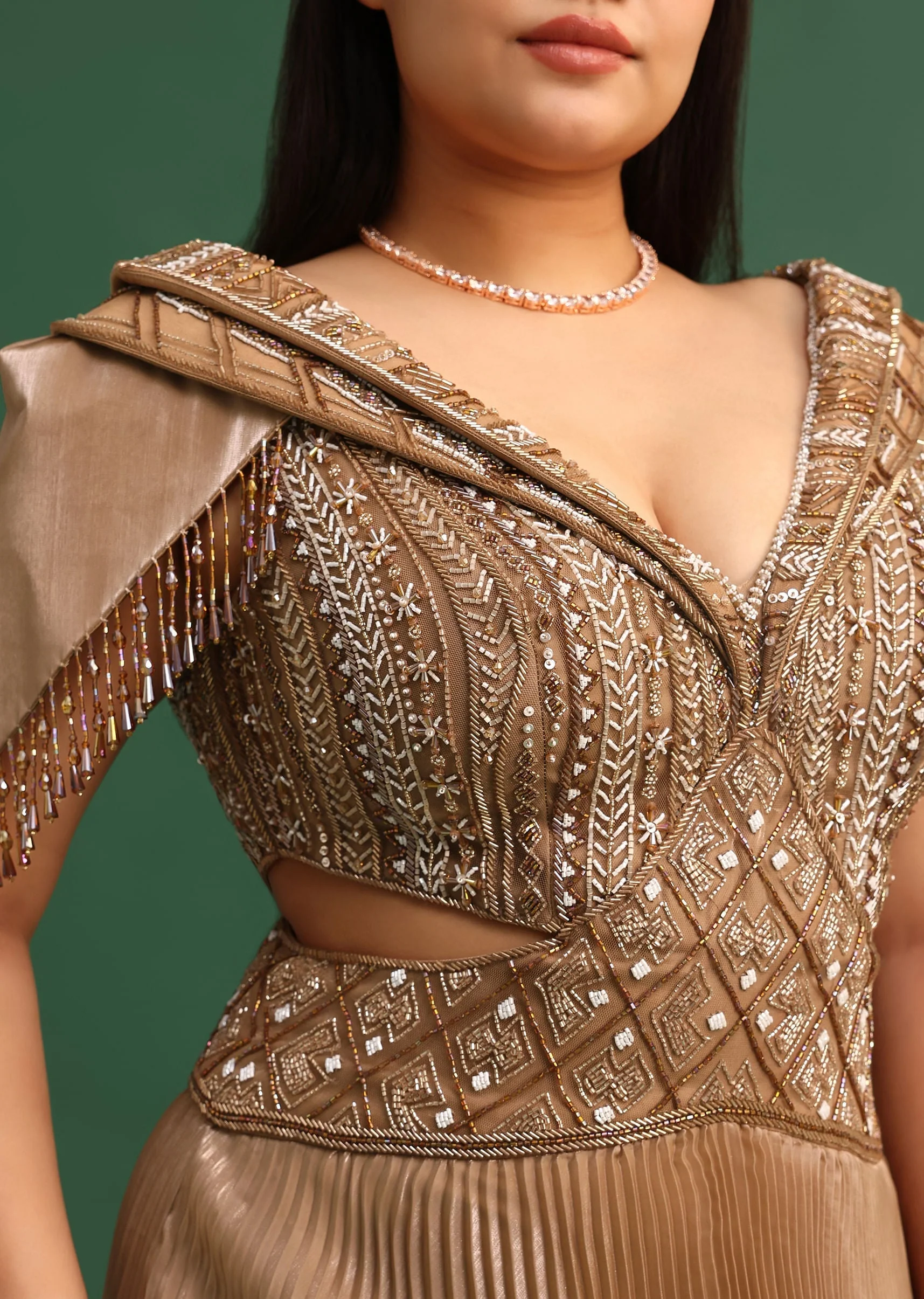 Tan Brown Pleated Circular Embroidered Gown - Image 3