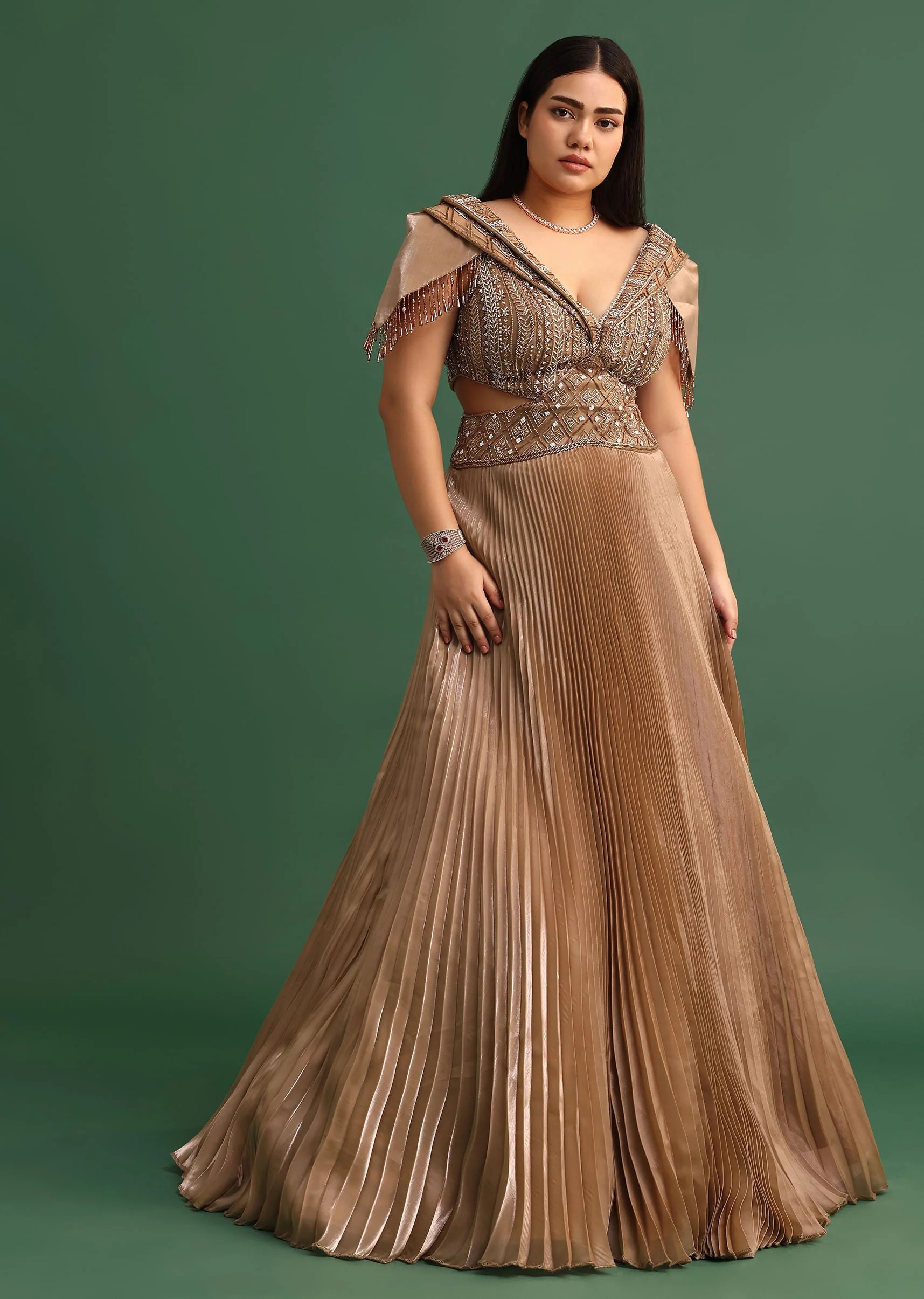 Tan Brown Pleated Circular Embroidered Gown - Image 5