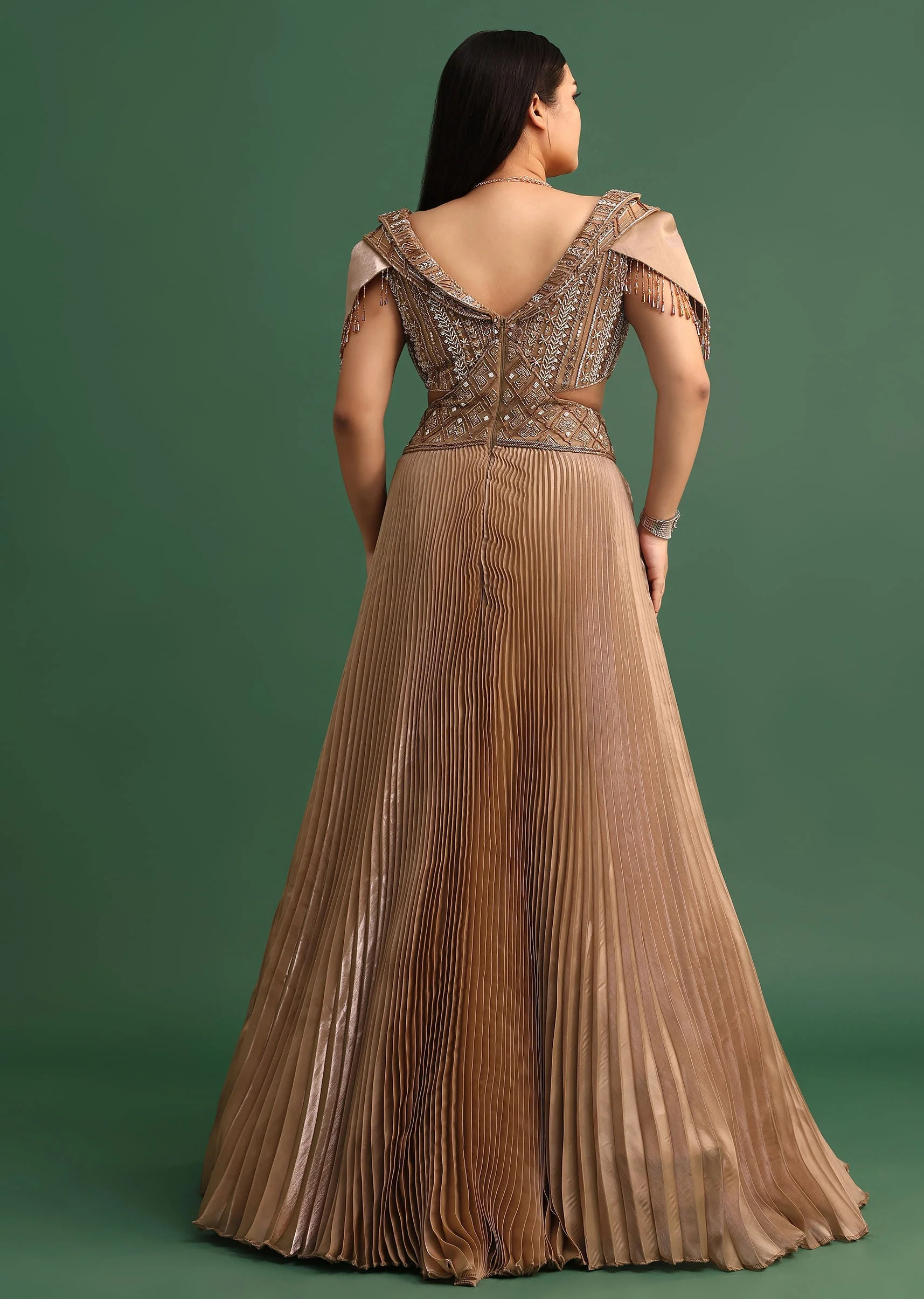 Tan Brown Pleated Circular Embroidered Gown - Image 6