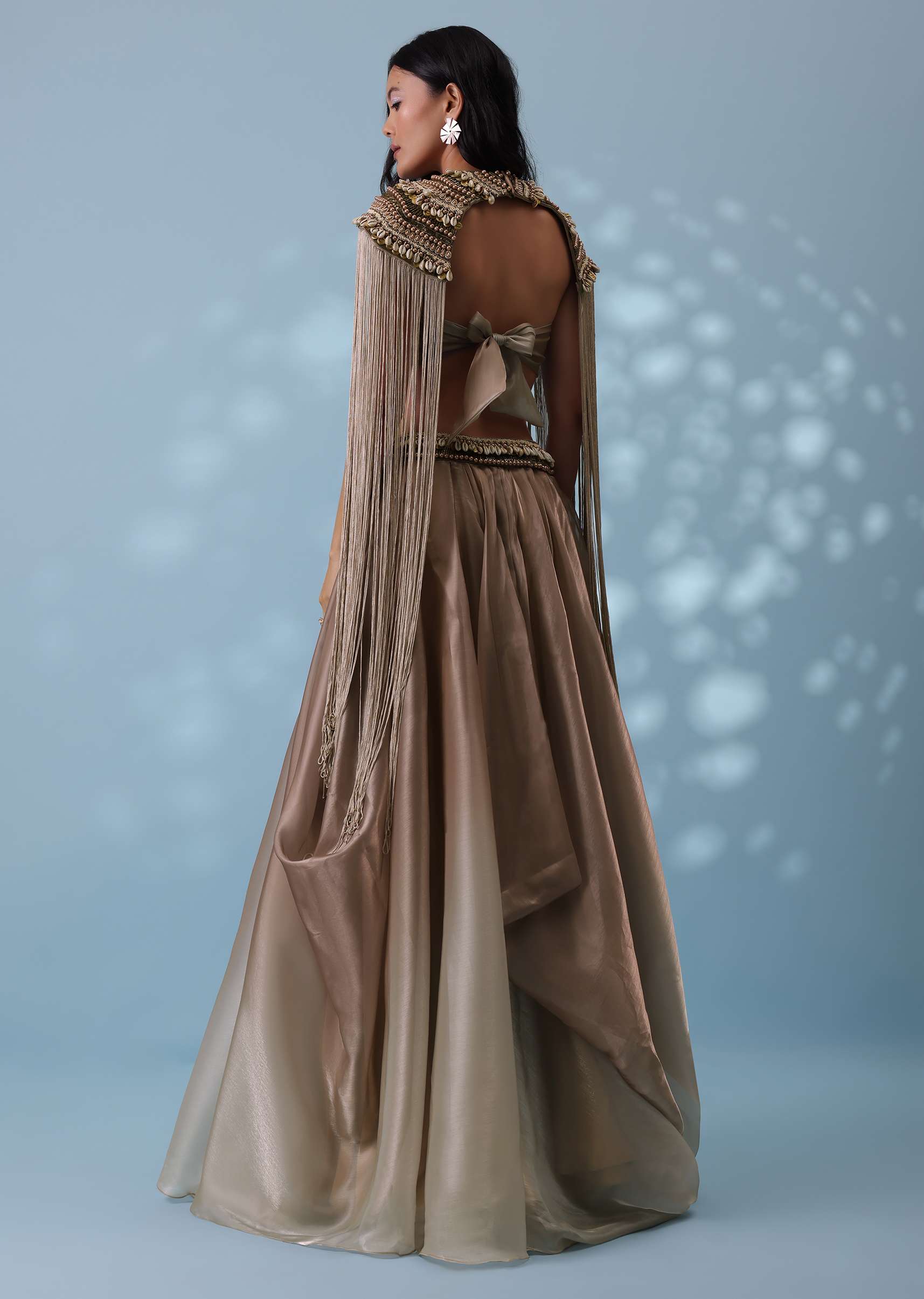 Taupe Brown Embroidered Cowl Lehenga And Cape Blouse In Shimmer Organza - Image 10