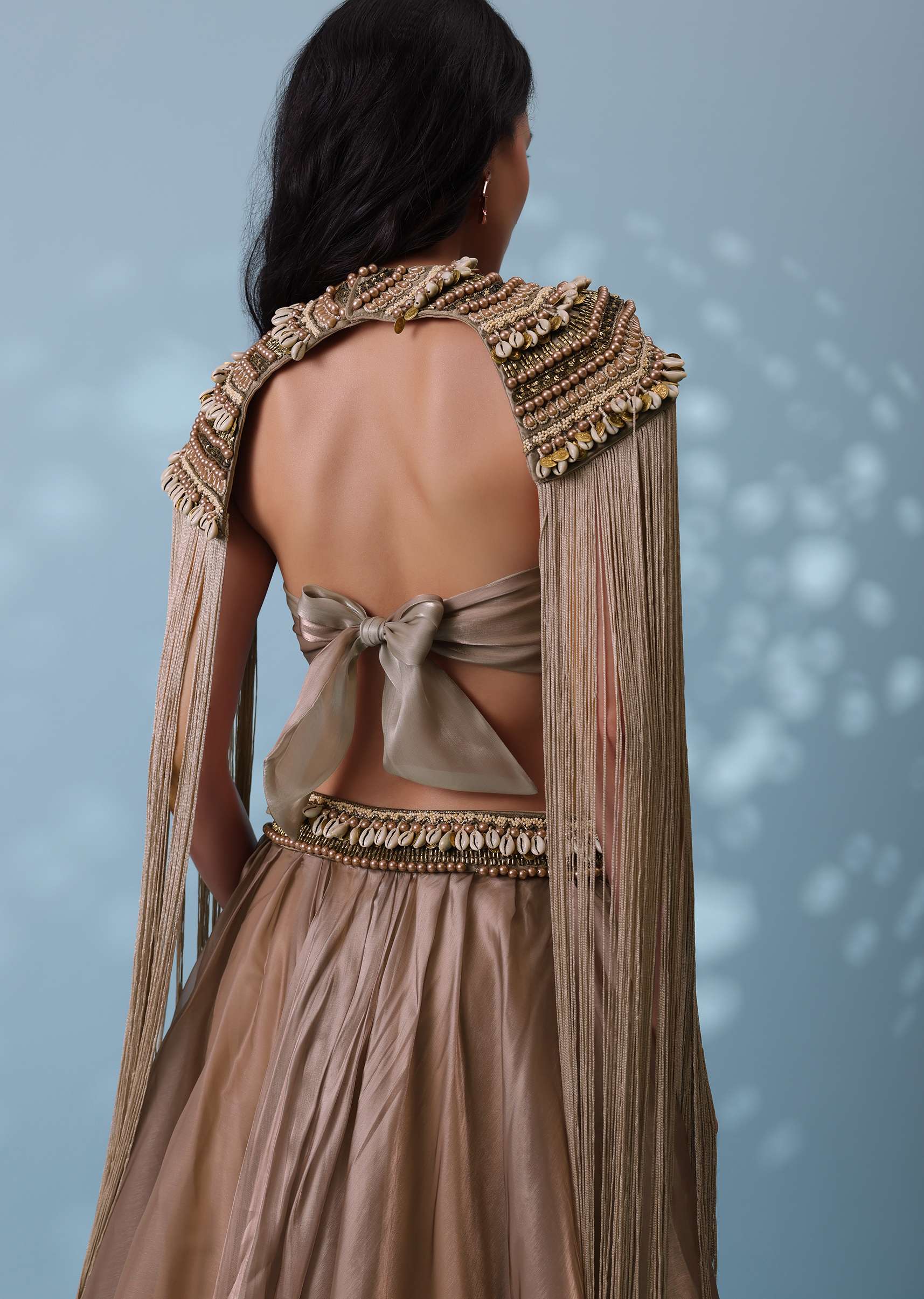 Taupe Brown Embroidered Cowl Lehenga And Cape Blouse In Shimmer Organza - Image 11