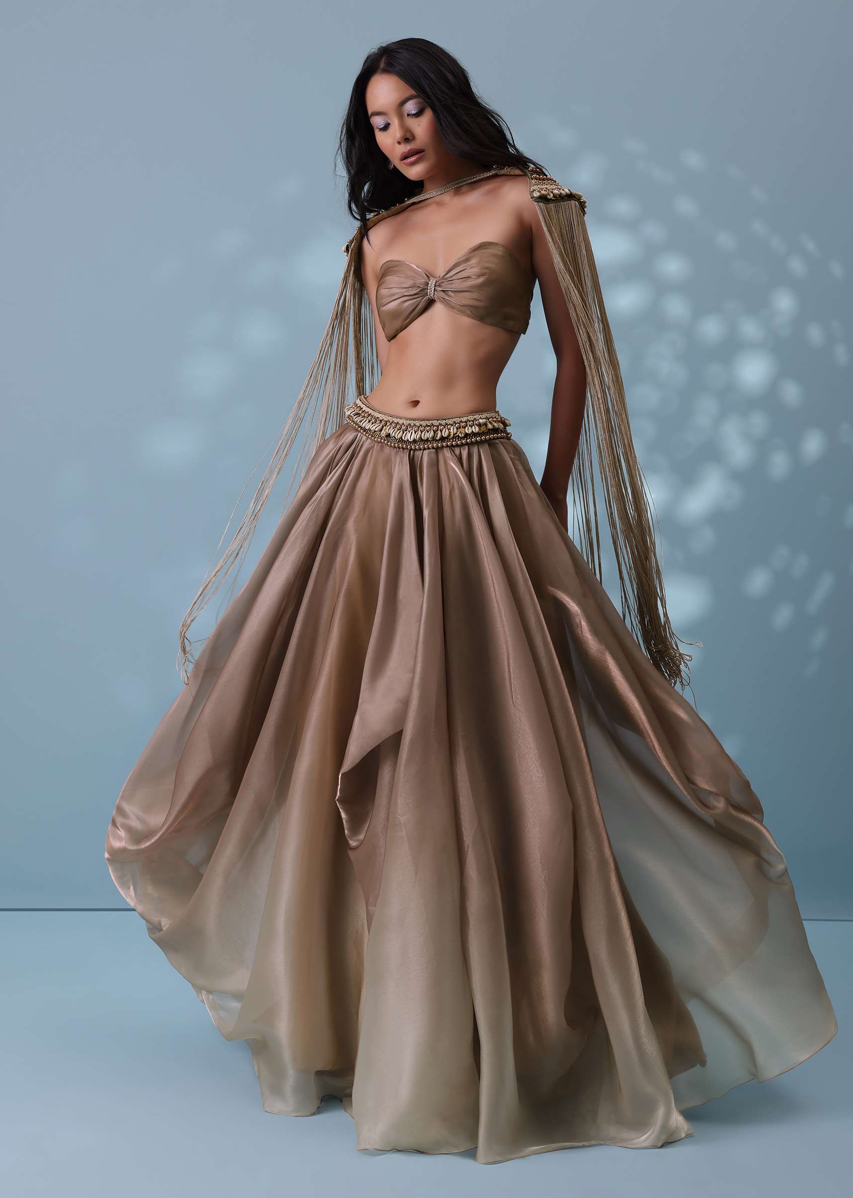 Taupe Brown Embroidered Cowl Lehenga And Cape Blouse In Shimmer Organza - Image 12