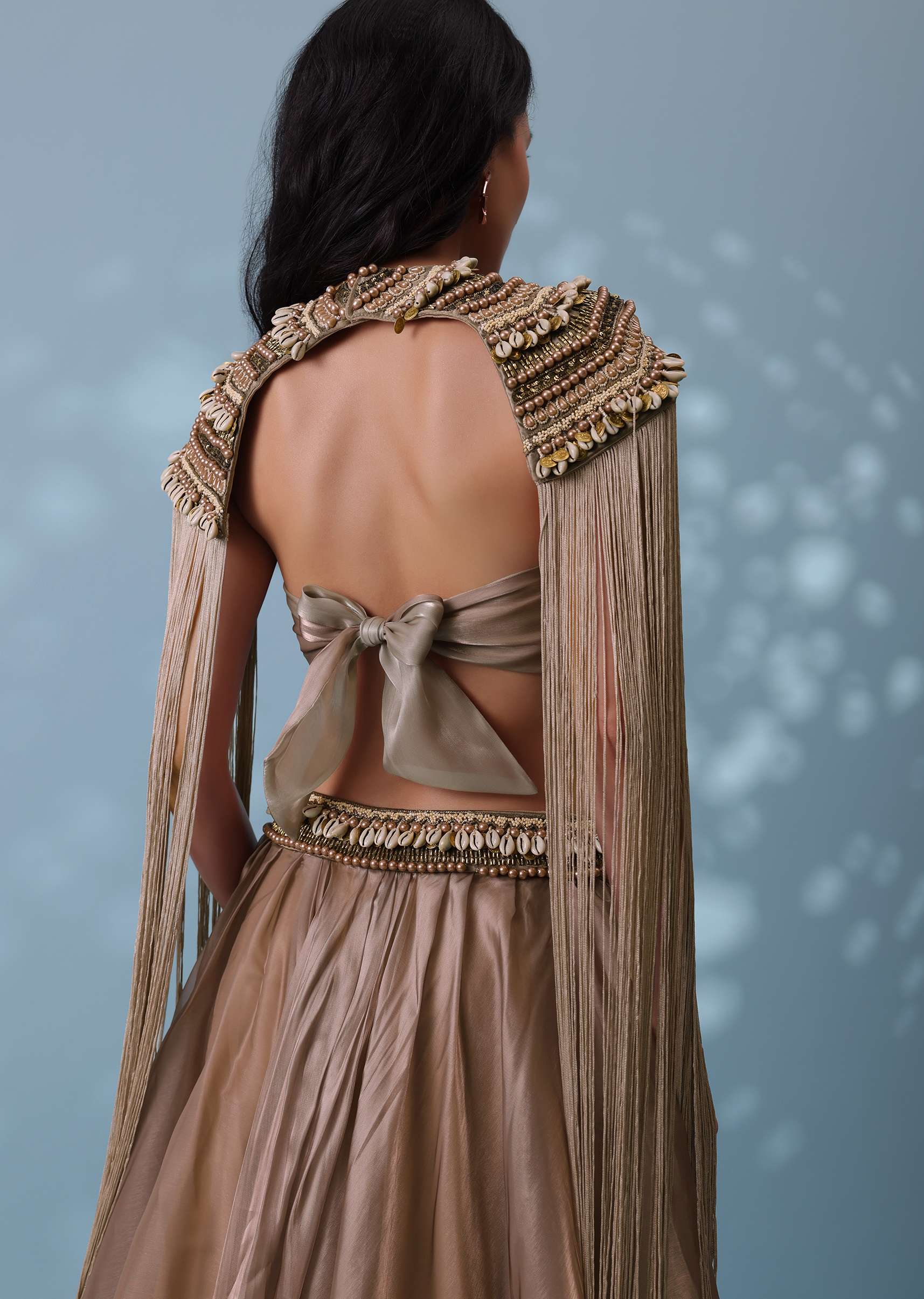 Taupe Brown Embroidered Cowl Lehenga And Cape Blouse In Shimmer Organza - Image 2