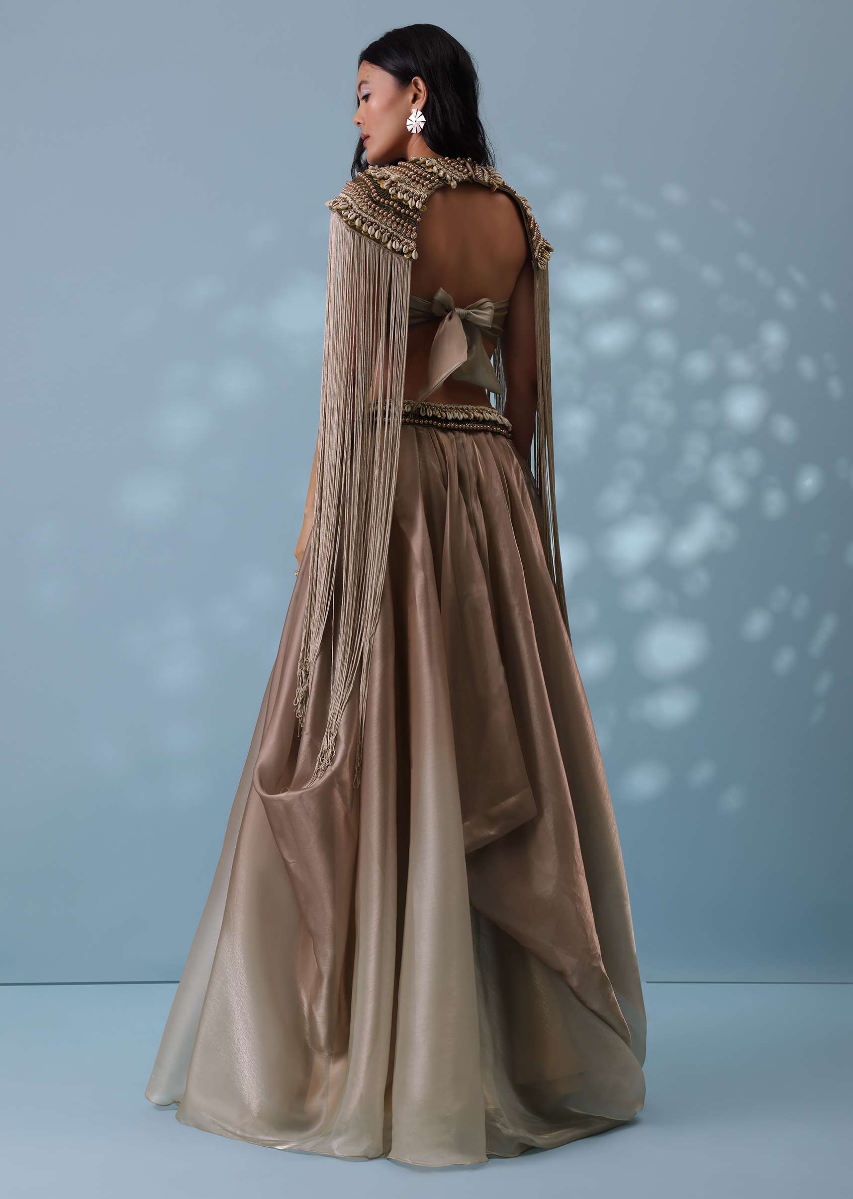 Taupe Brown Embroidered Cowl Lehenga And Cape Blouse In Shimmer Organza - Image 3