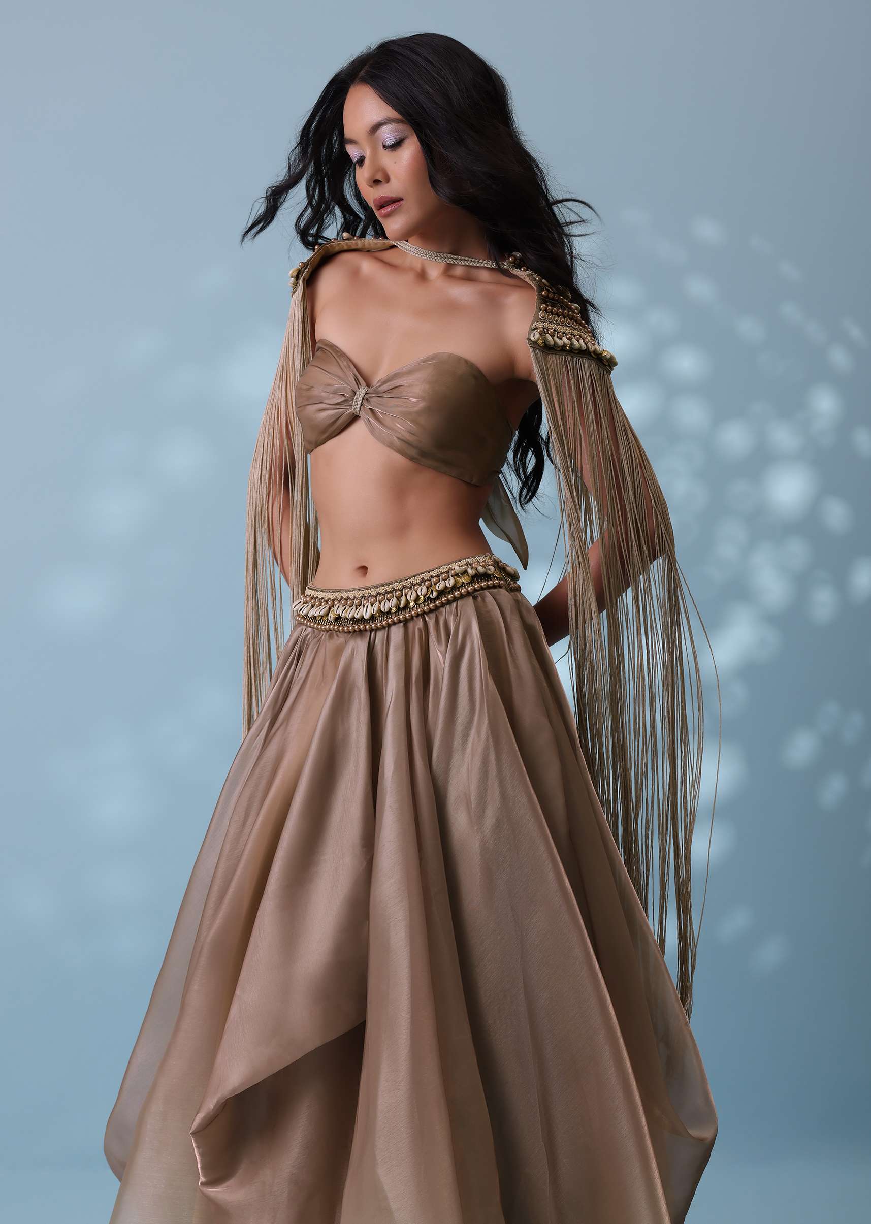 Taupe Brown Embroidered Cowl Lehenga And Cape Blouse In Shimmer Organza - Image 4