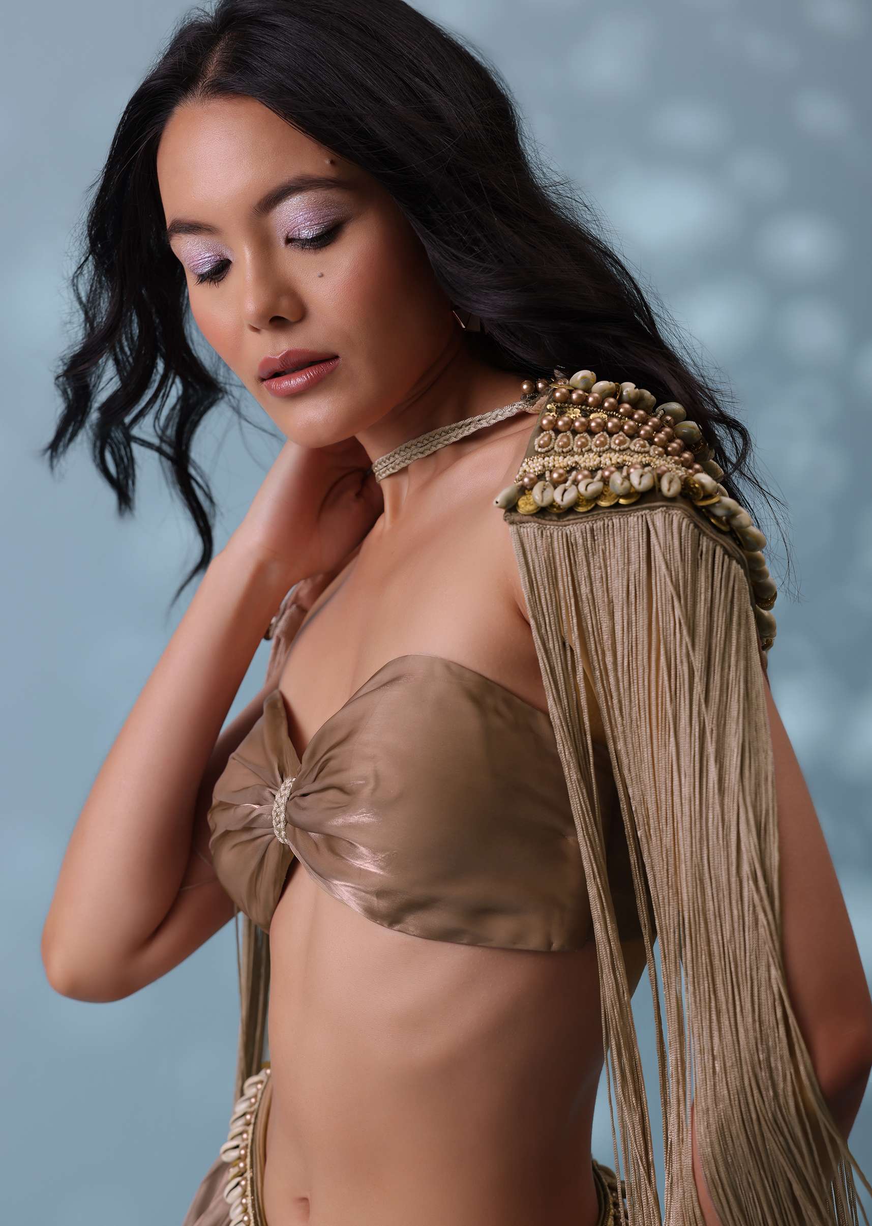 Taupe Brown Embroidered Cowl Lehenga And Cape Blouse In Shimmer Organza - Image 5