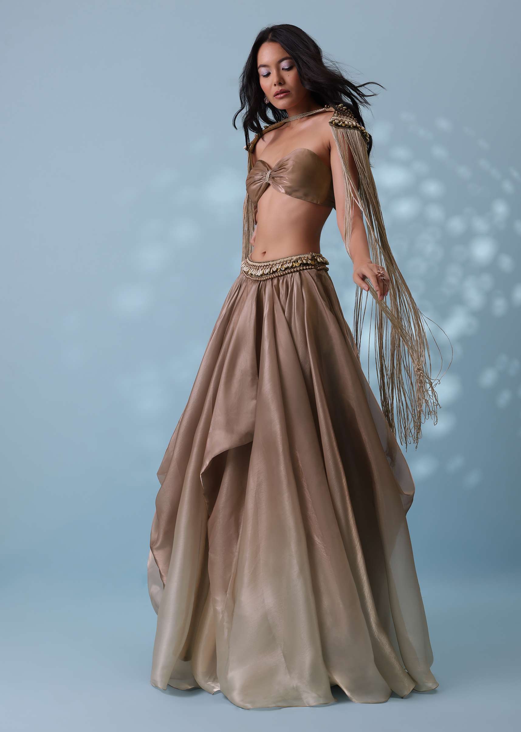 Taupe Brown Embroidered Cowl Lehenga And Cape Blouse In Shimmer Organza - Image 6