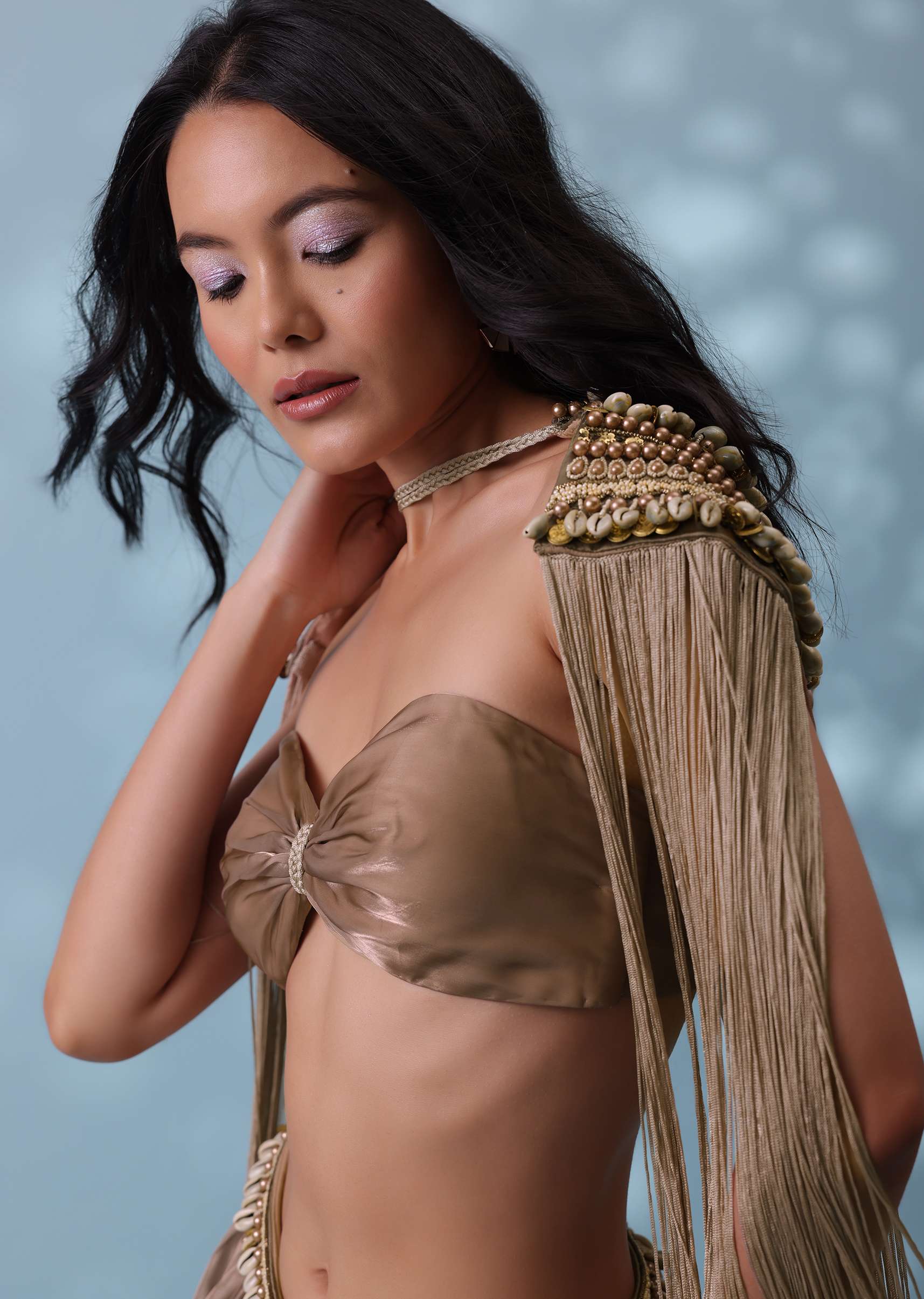 Taupe Brown Embroidered Cowl Lehenga And Cape Blouse In Shimmer Organza - Image 7