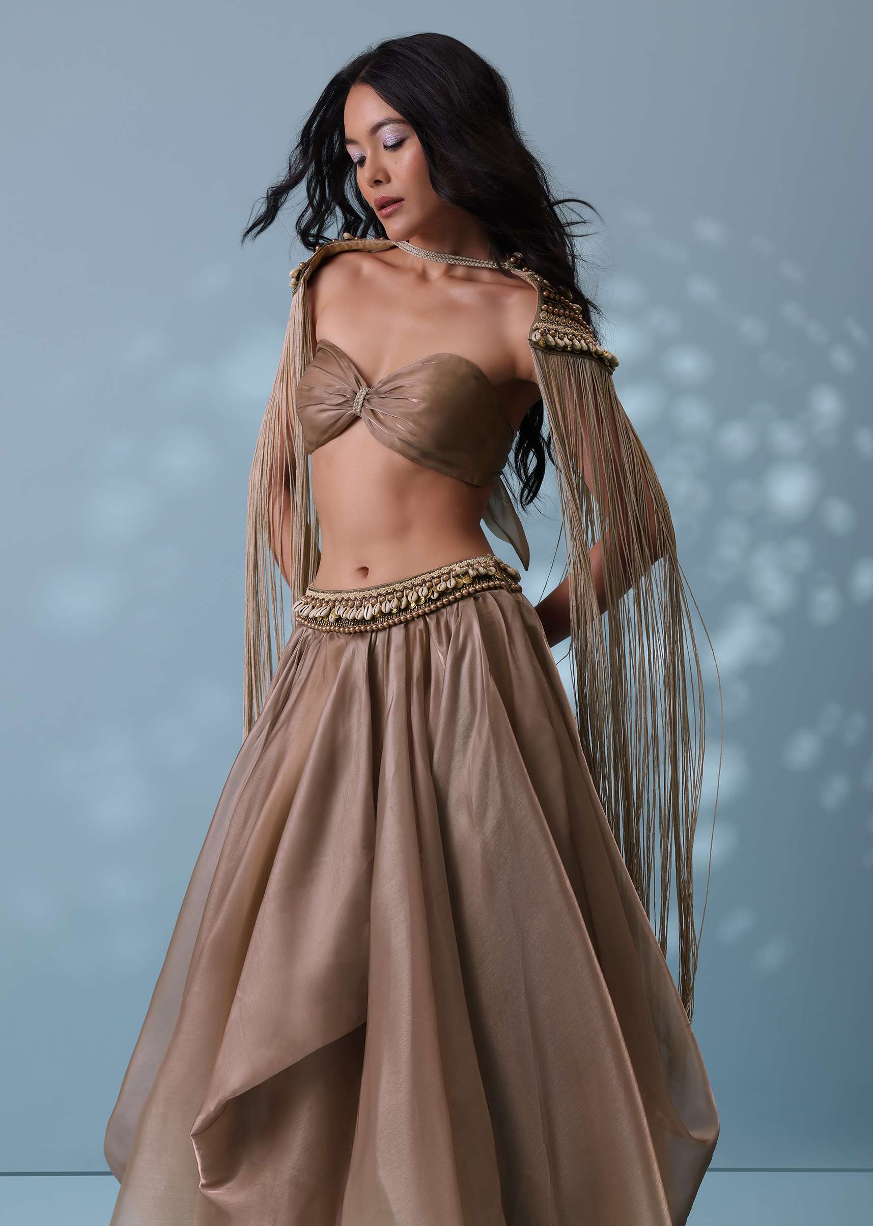 Taupe Brown Embroidered Cowl Lehenga And Cape Blouse In Shimmer Organza - Image 8