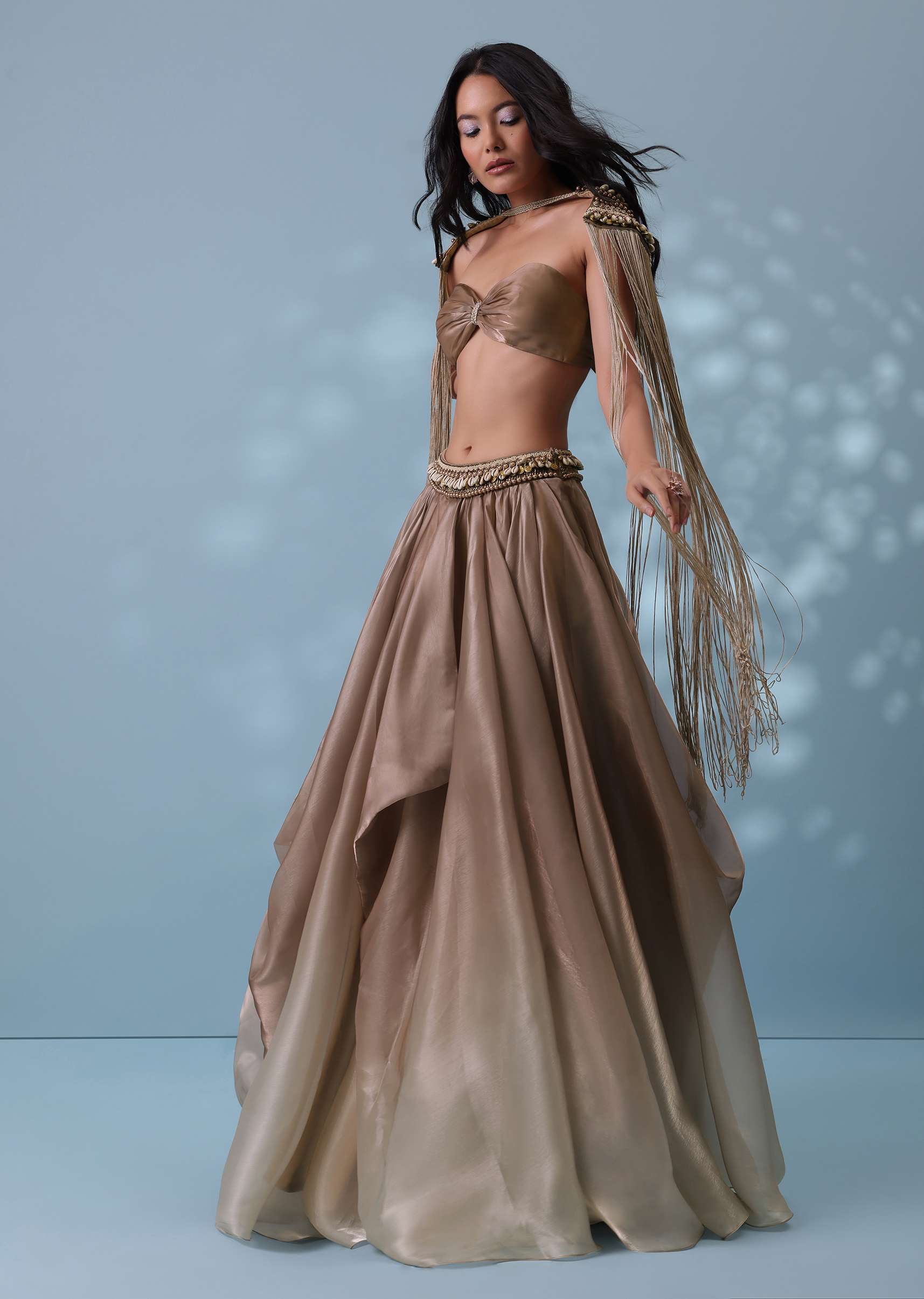 Taupe Brown Embroidered Cowl Lehenga And Cape Blouse In Shimmer Organza - Image 9