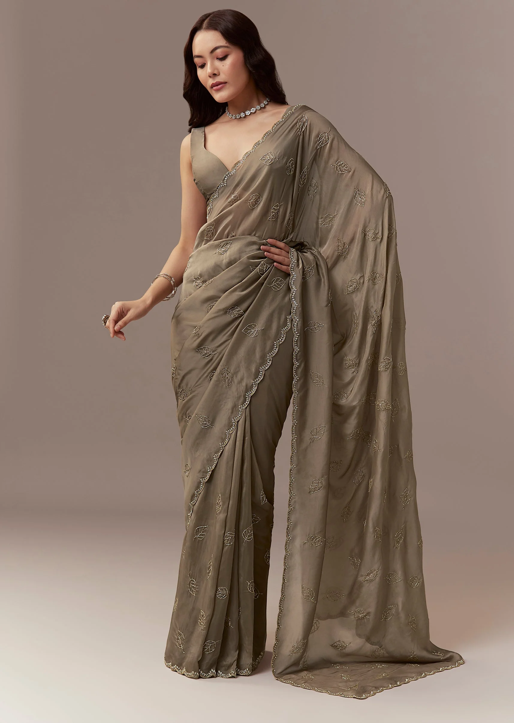 Taupe Brown Kora Silk Saree With Cutdana Stones And Leaf Motif Embroidery