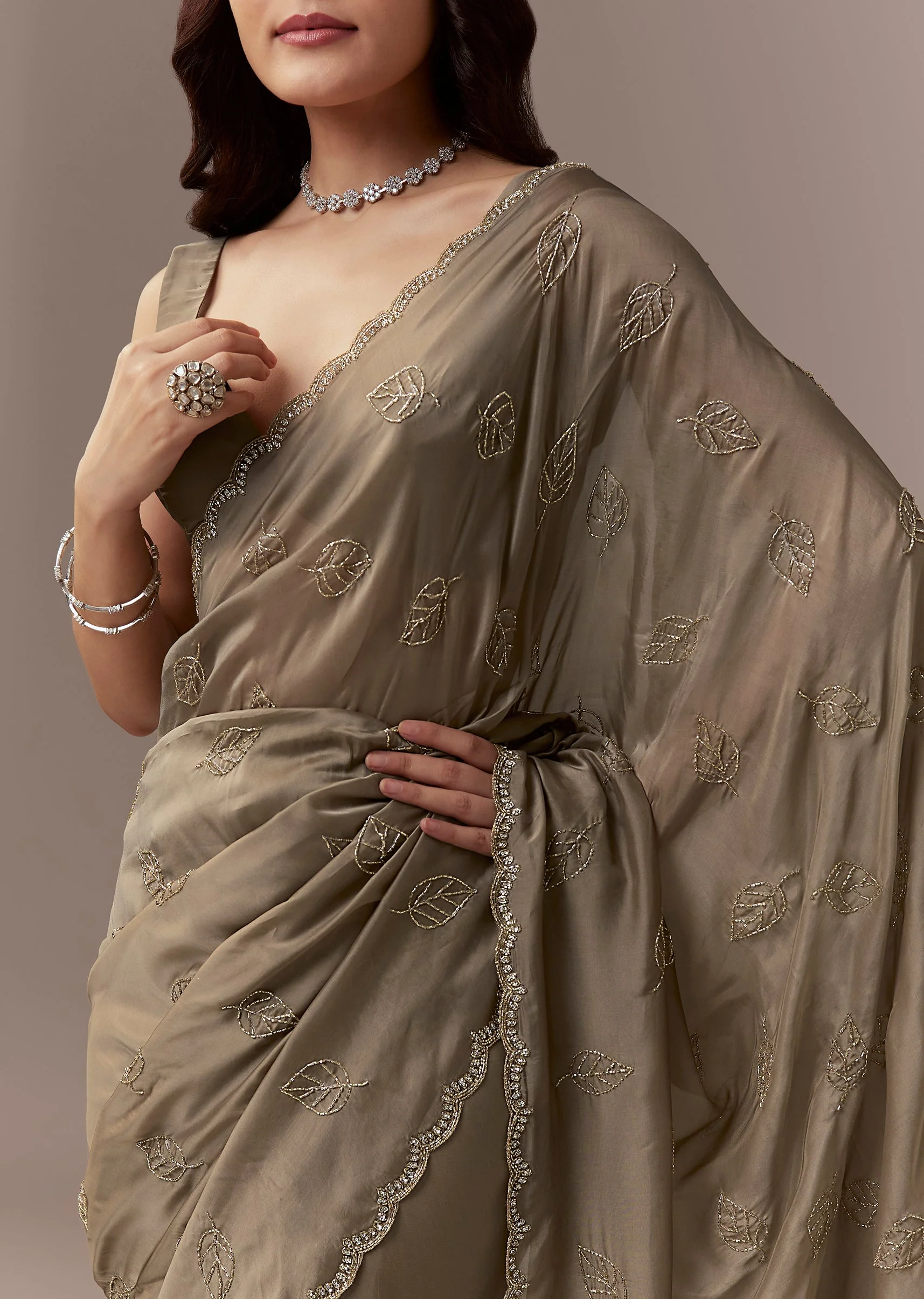 Taupe Brown Kora Silk Saree With Cutdana Stones And Leaf Motif Embroidery - Image 2