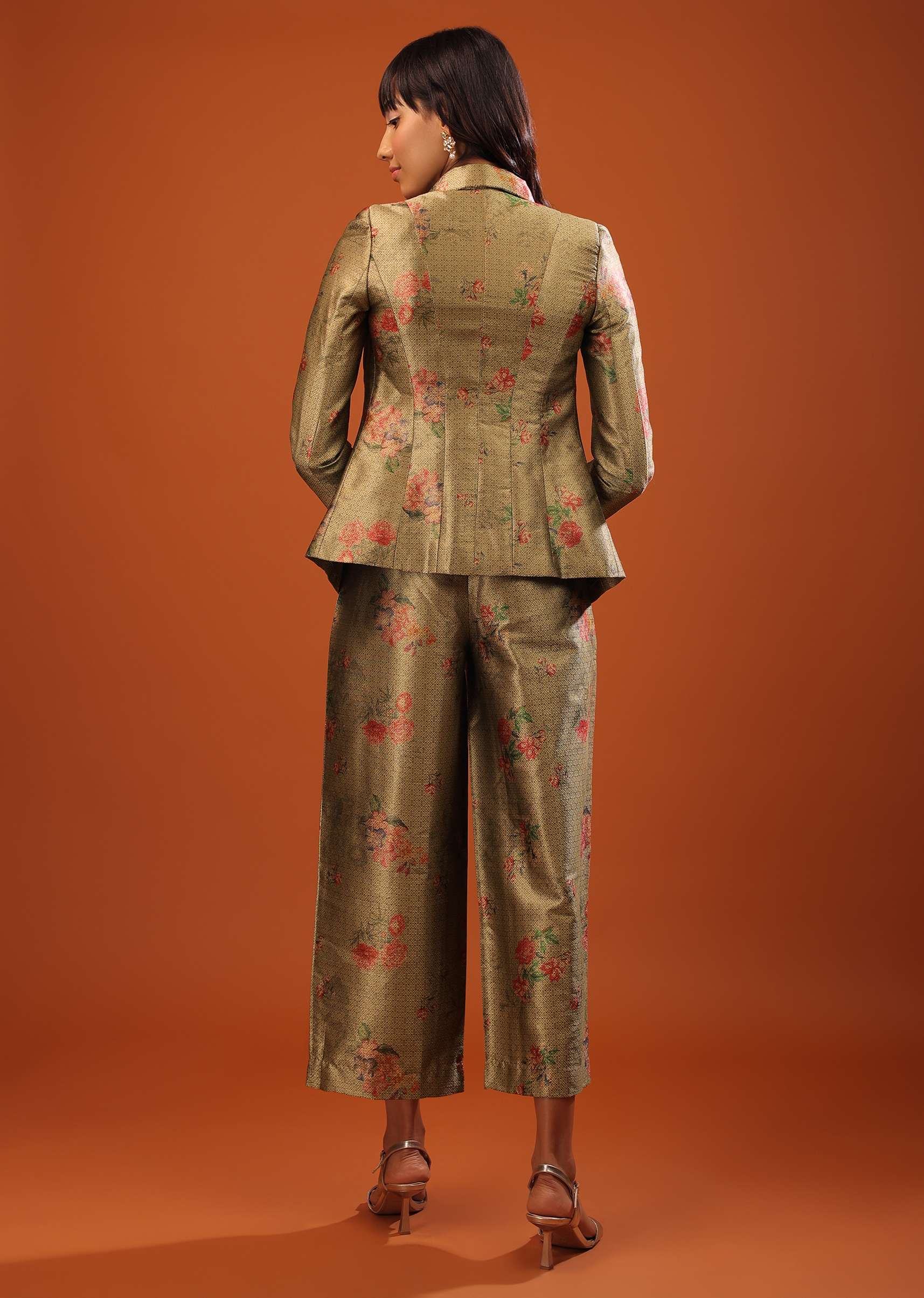 Moss Green Three-Piece Suit In Woven Floral Motifs With Cropped Pants And Sequin Bustier - Image 2
