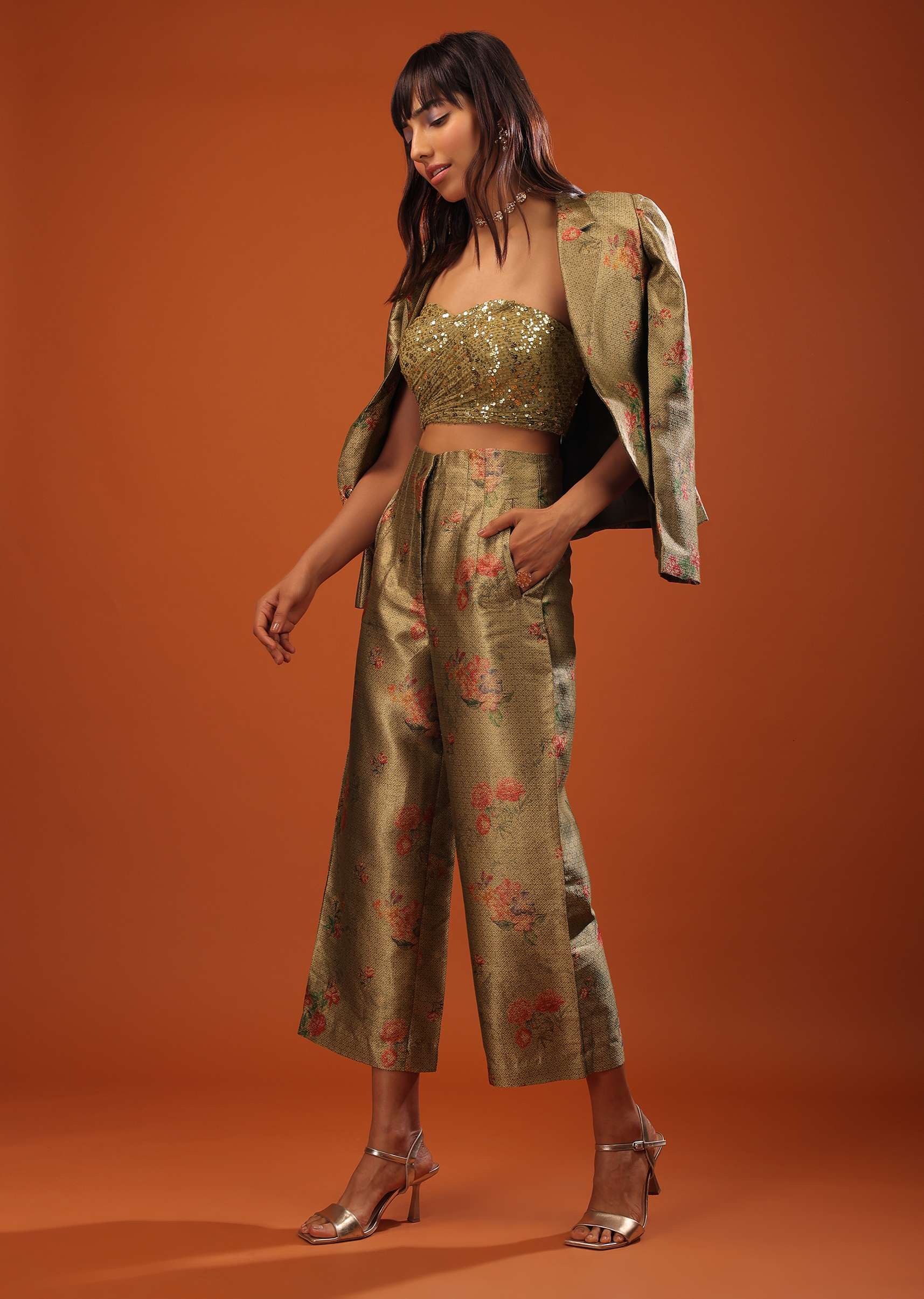 Moss Green Three-Piece Suit In Woven Floral Motifs With Cropped Pants And Sequin Bustier - Image 5