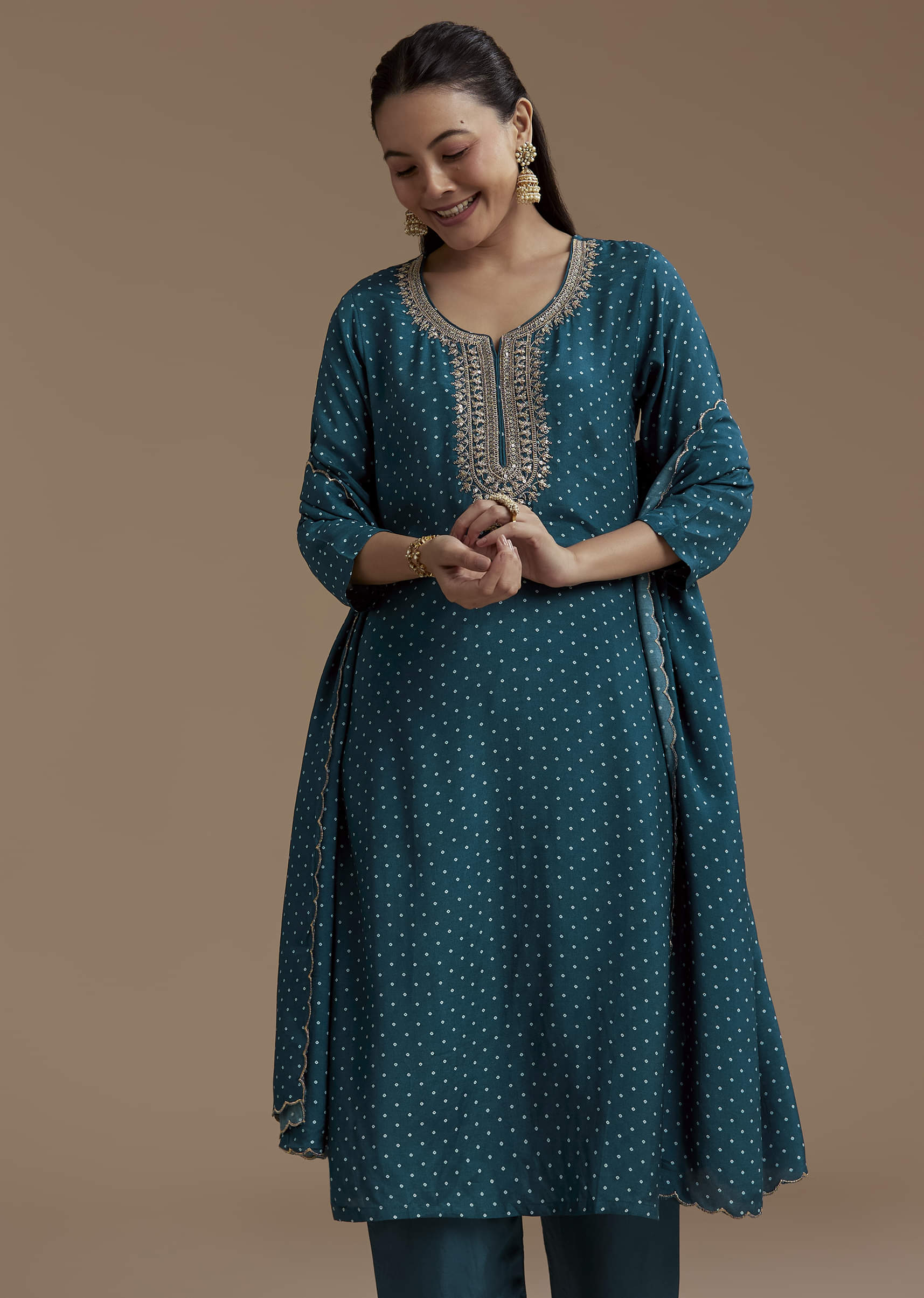 Teal Bandhani Print Silk Kurta Set with Zari Work - Image 4