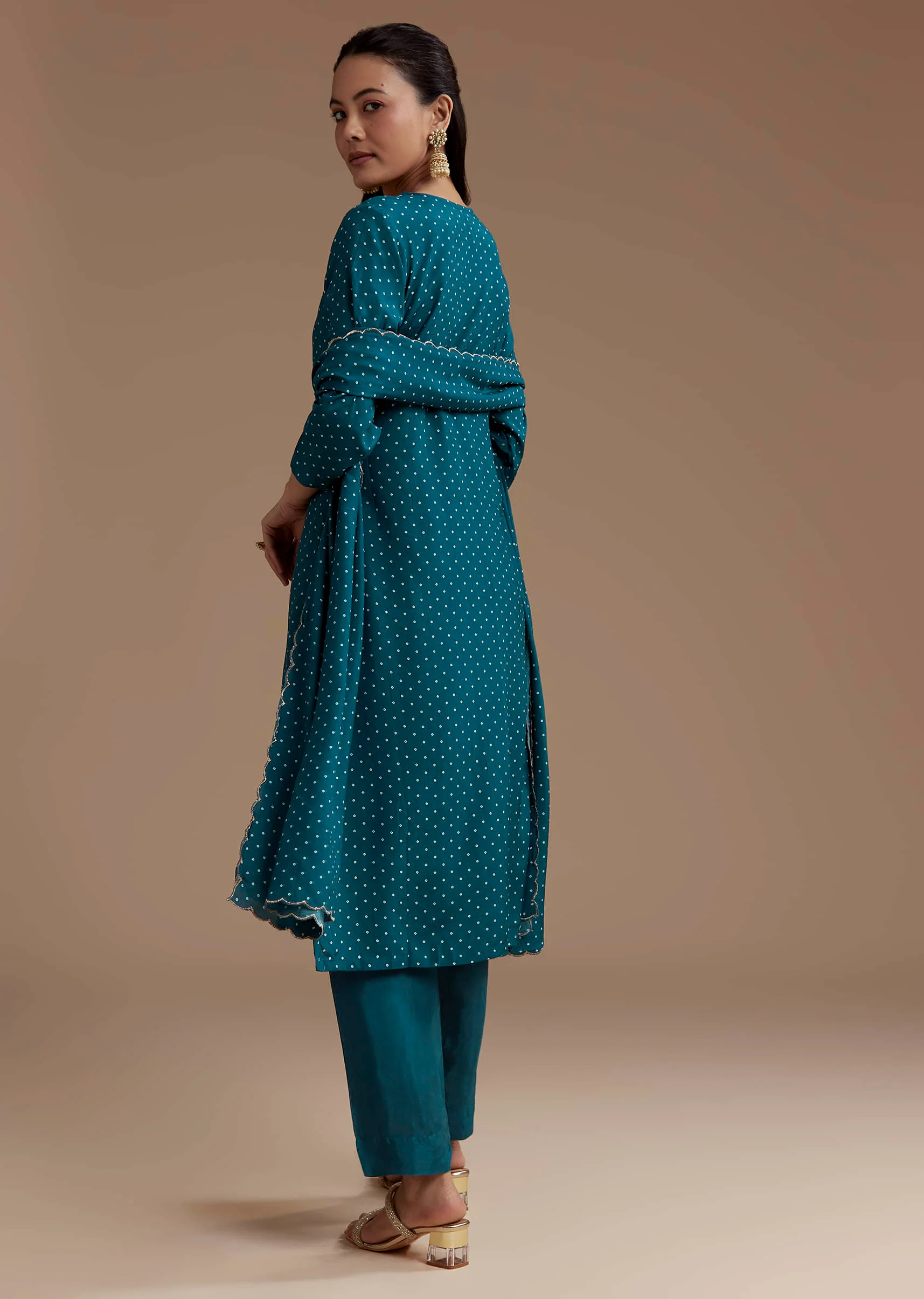 Teal Bandhani Print Silk Kurta Set with Zari Work - Image 5