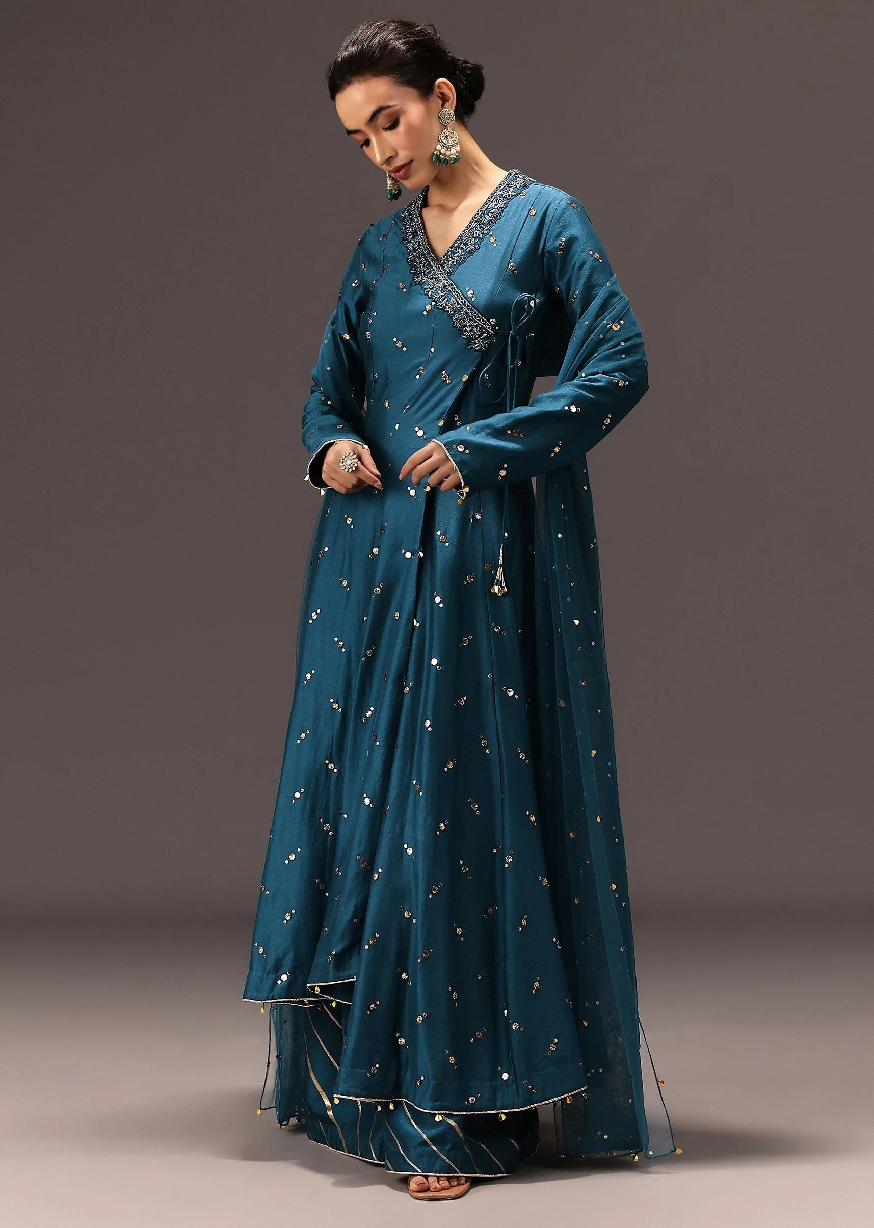 Teal Blue Chanderi Silk Hand Work Angarkha Set - Image 3
