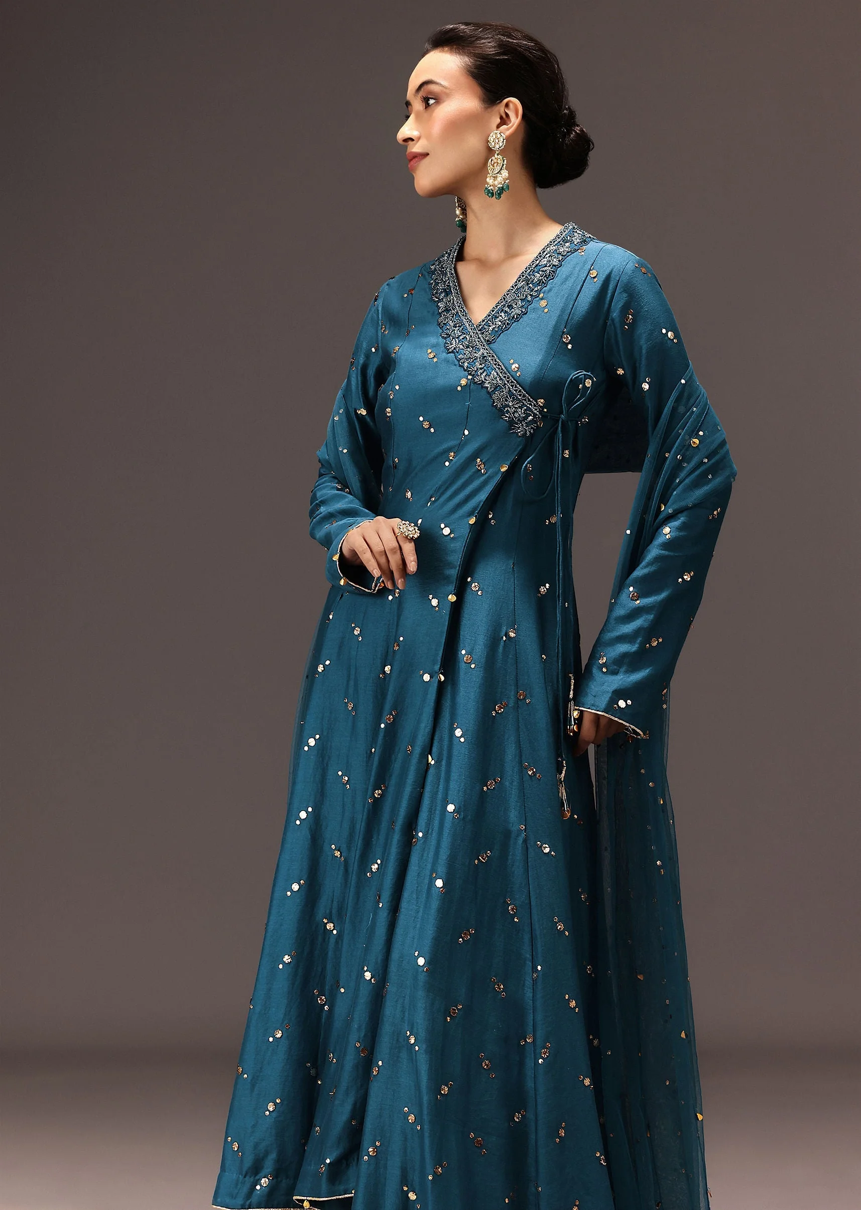 Teal Blue Chanderi Silk Hand Work Angarkha Set - Image 4