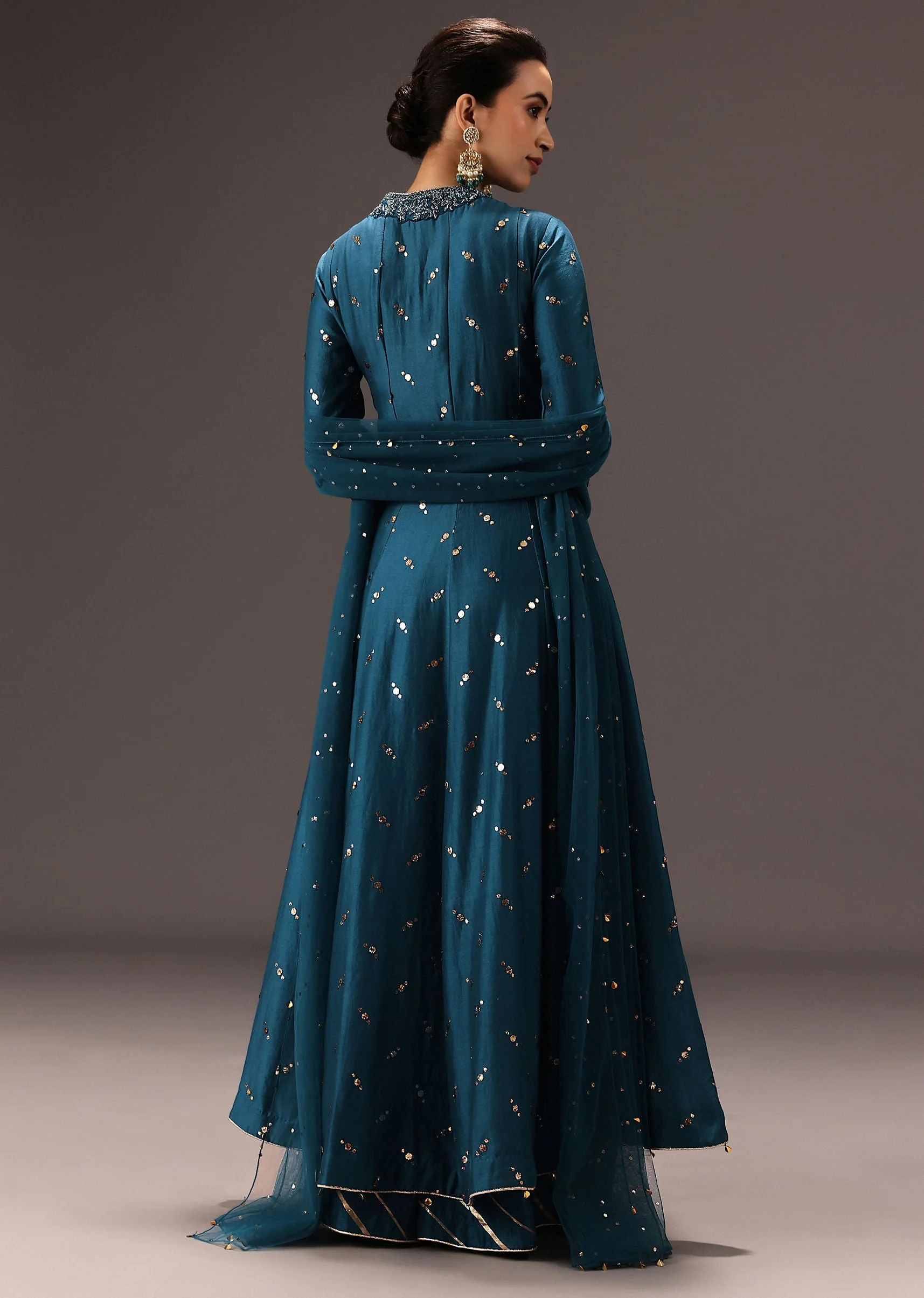 Teal Blue Chanderi Silk Hand Work Angarkha Set - Image 5