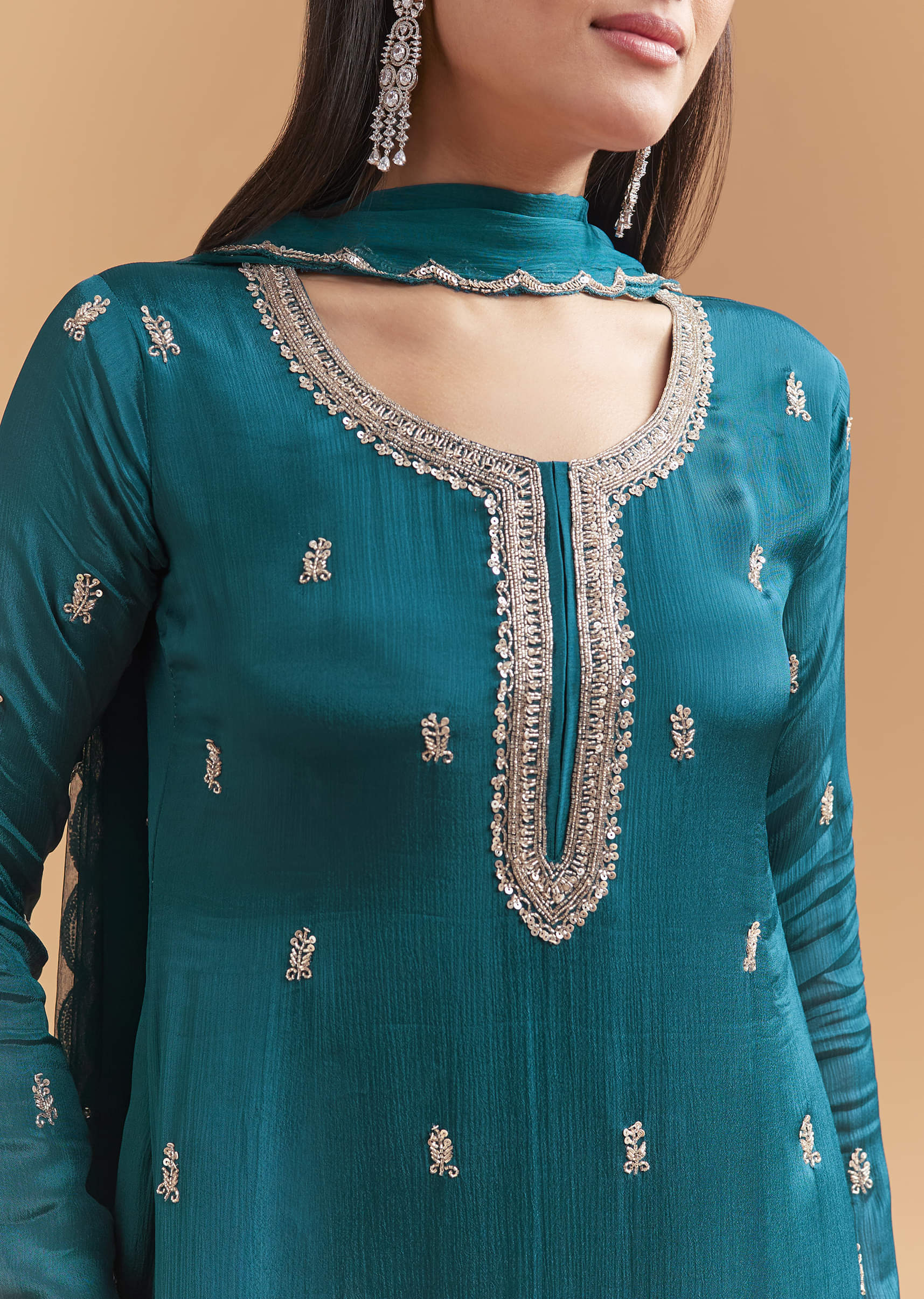 Teal Blue Chinon Sharara Suit With Sequins And Cutdana Work - Image 2