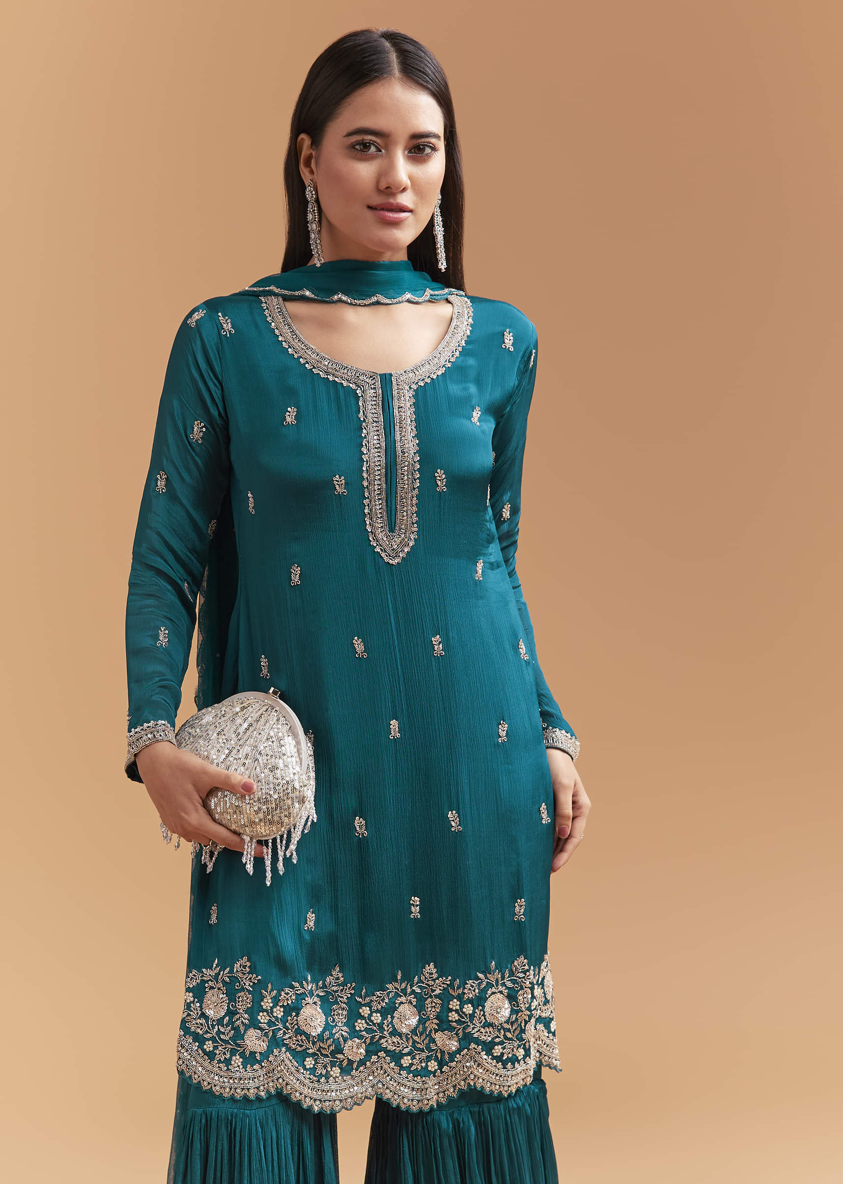 Teal Blue Chinon Sharara Suit With Sequins And Cutdana Work - Image 4