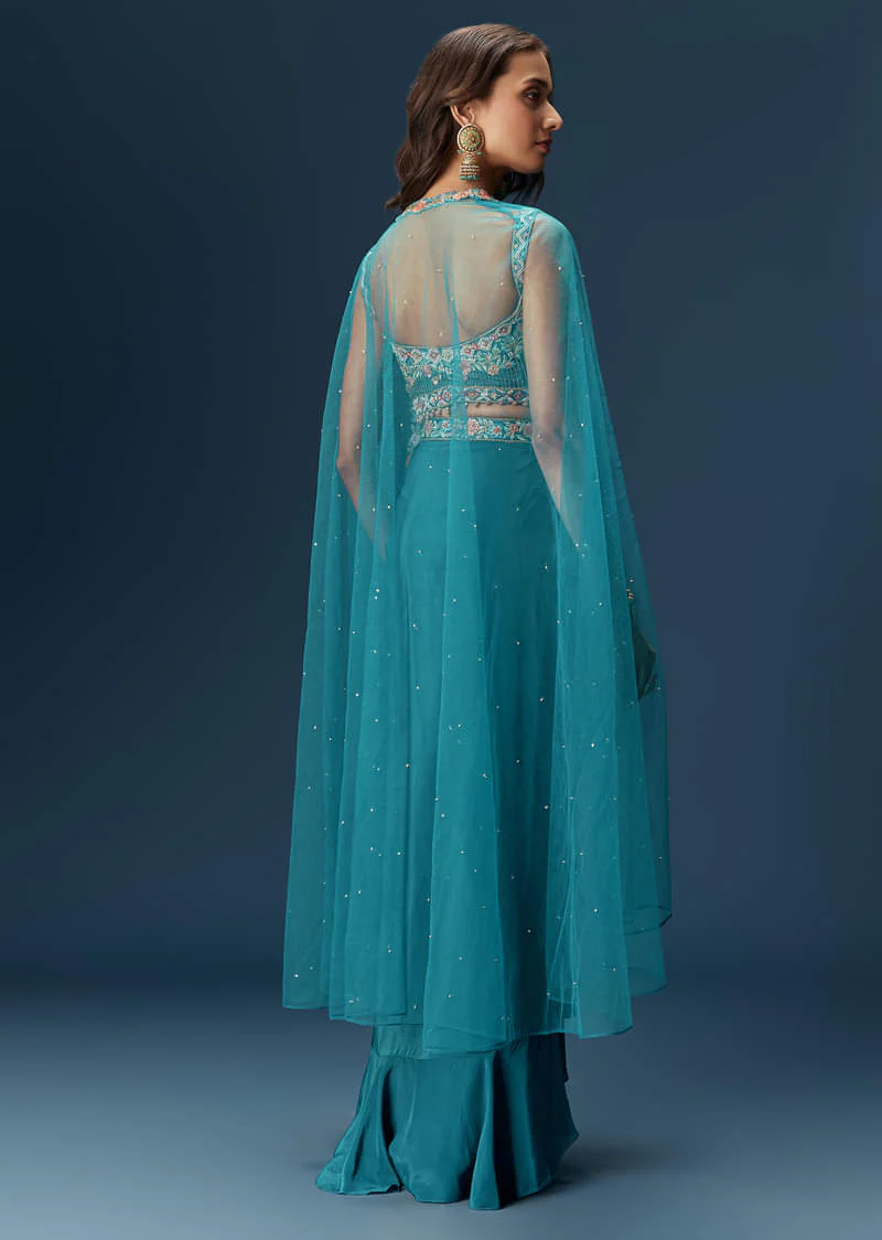 Teal Blue Dhoti Skirt Set With Embroidered Blouse And Net Dupatta - Image 2