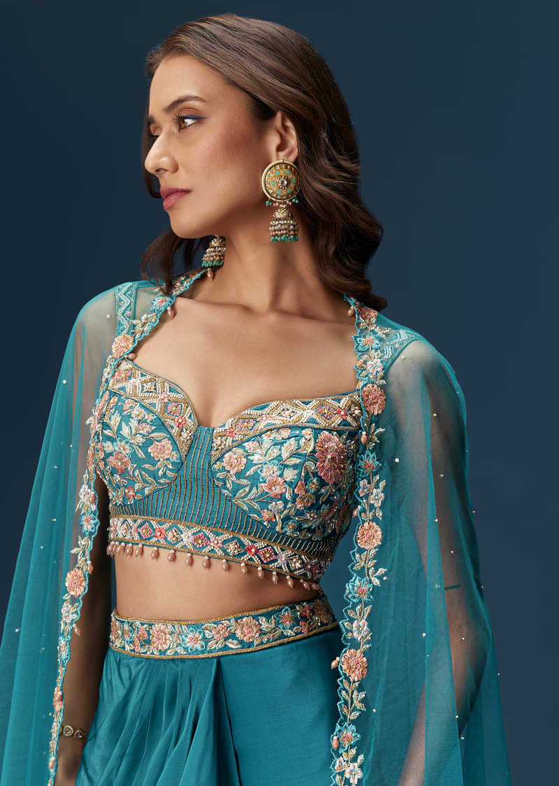 Teal Blue Dhoti Skirt Set With Embroidered Blouse And Net Dupatta - Image 5