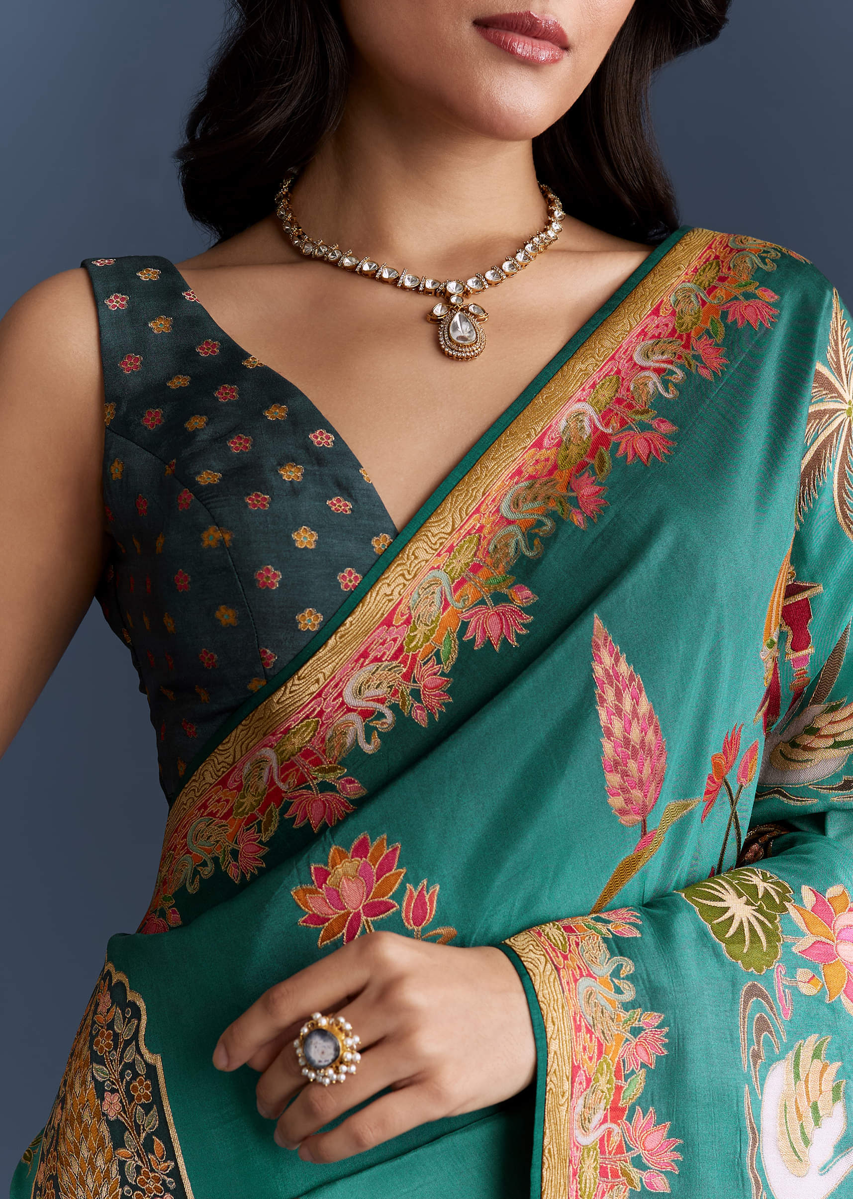 Teal Blue Dola Silk Saree With Nature Motifs And Embroidery - Image 2
