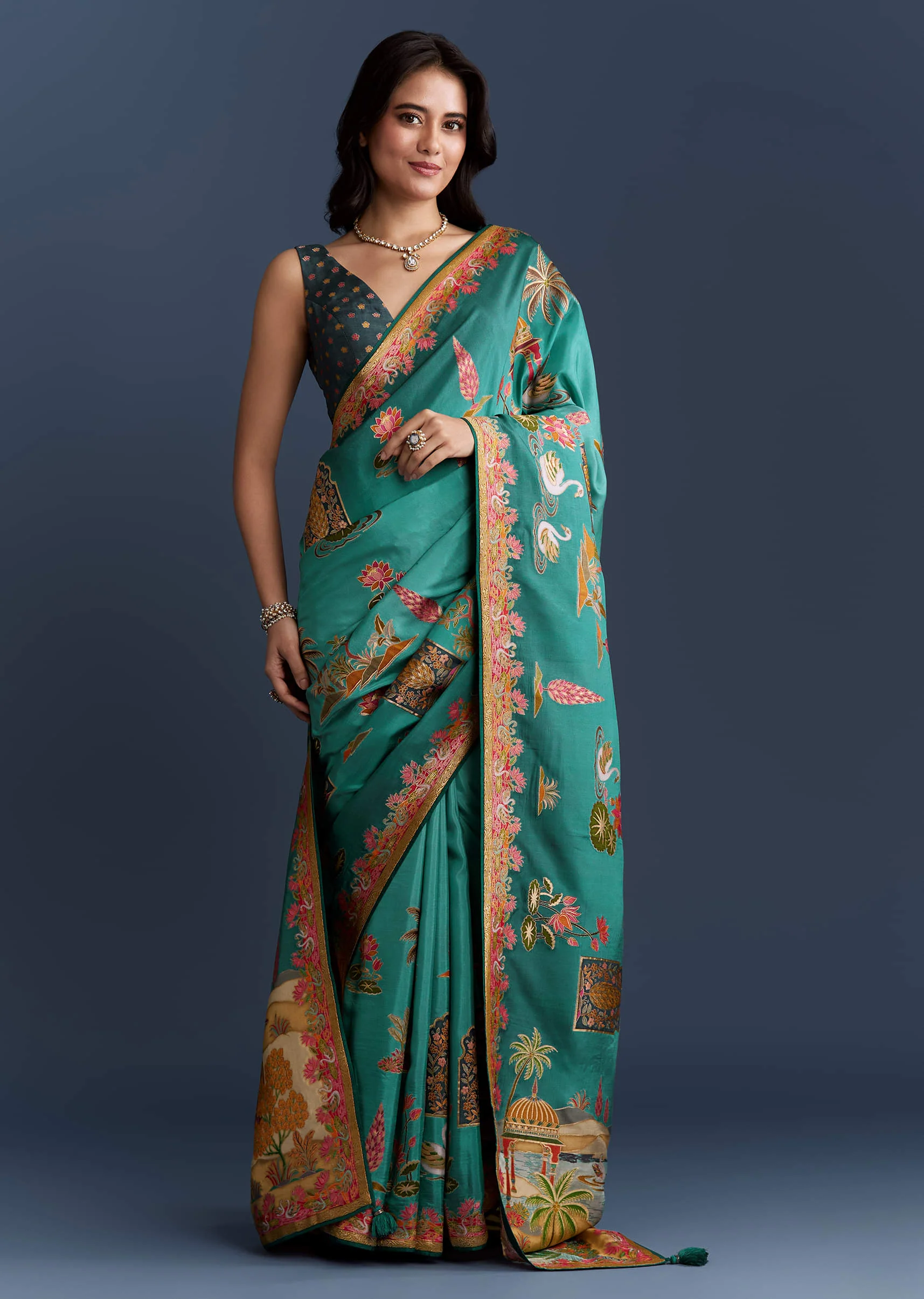 Teal Blue Dola Silk Saree With Nature Motifs And Embroidery - Image 3