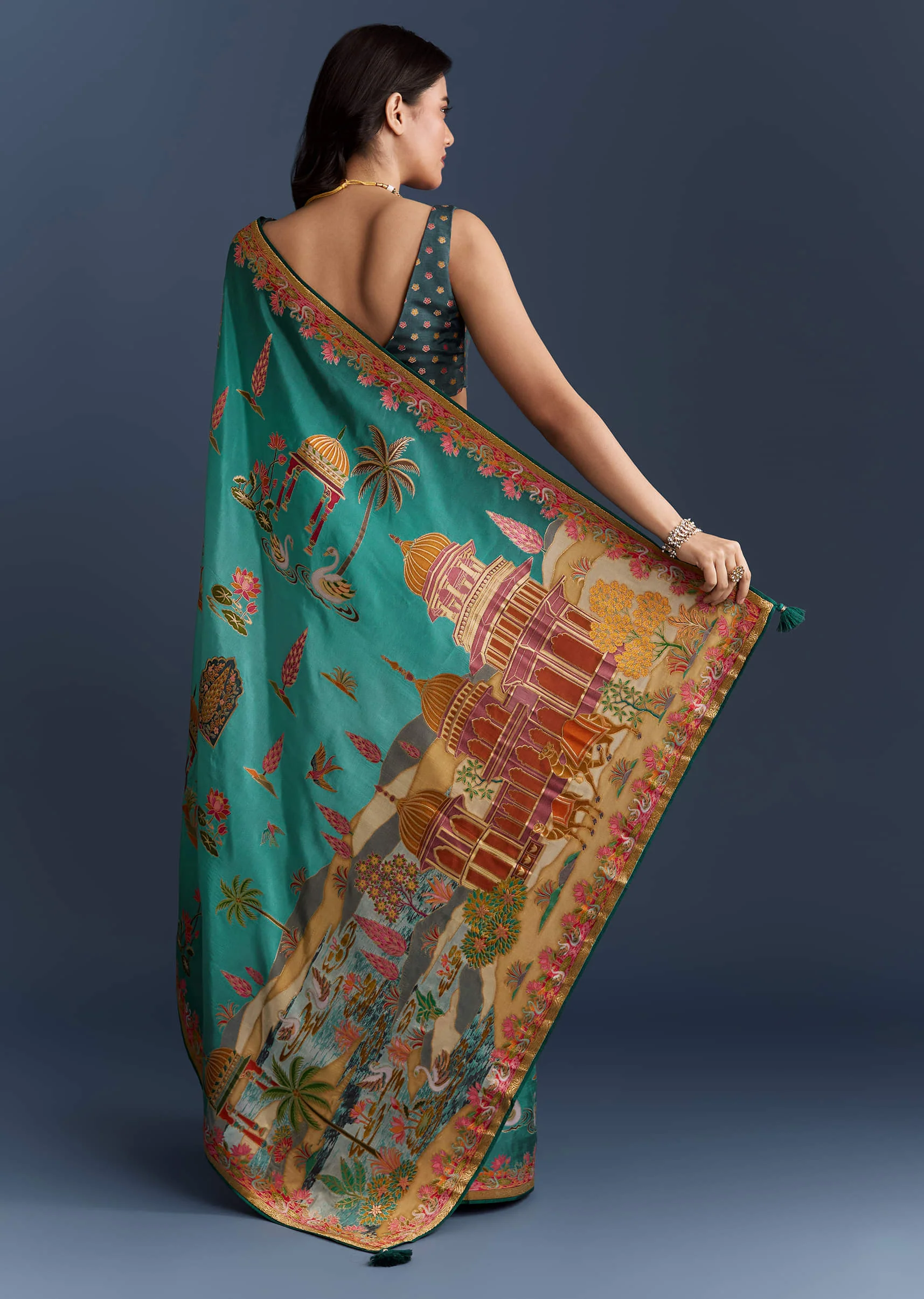 Teal Blue Dola Silk Saree With Nature Motifs And Embroidery - Image 4