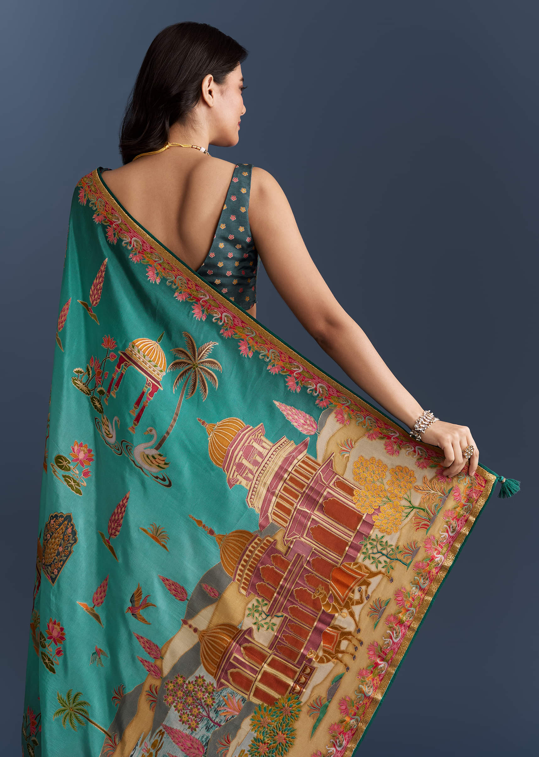 Teal Blue Dola Silk Saree With Nature Motifs And Embroidery - Image 6
