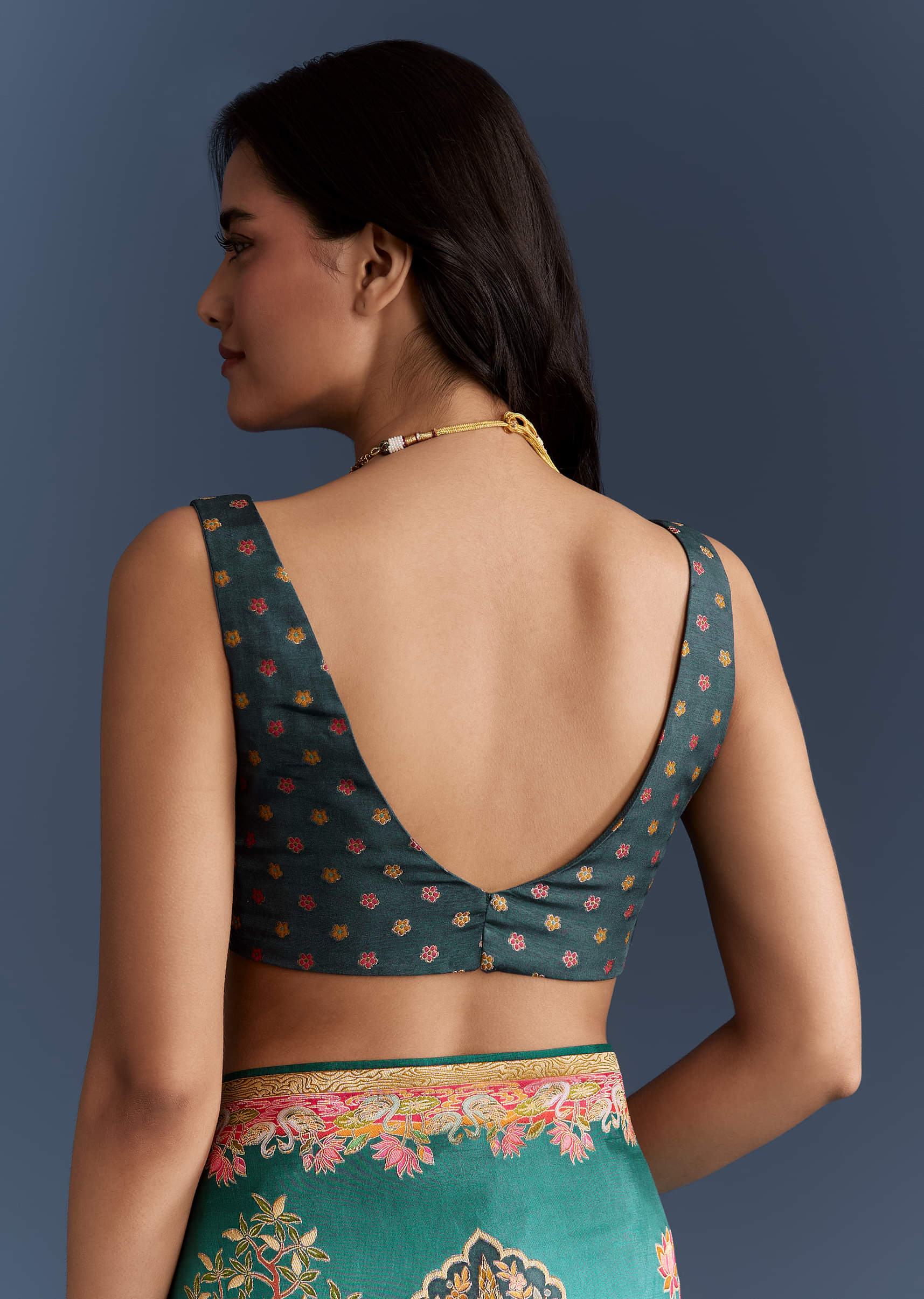 Teal Blue Dola Silk Saree With Nature Motifs And Embroidery - Image 8