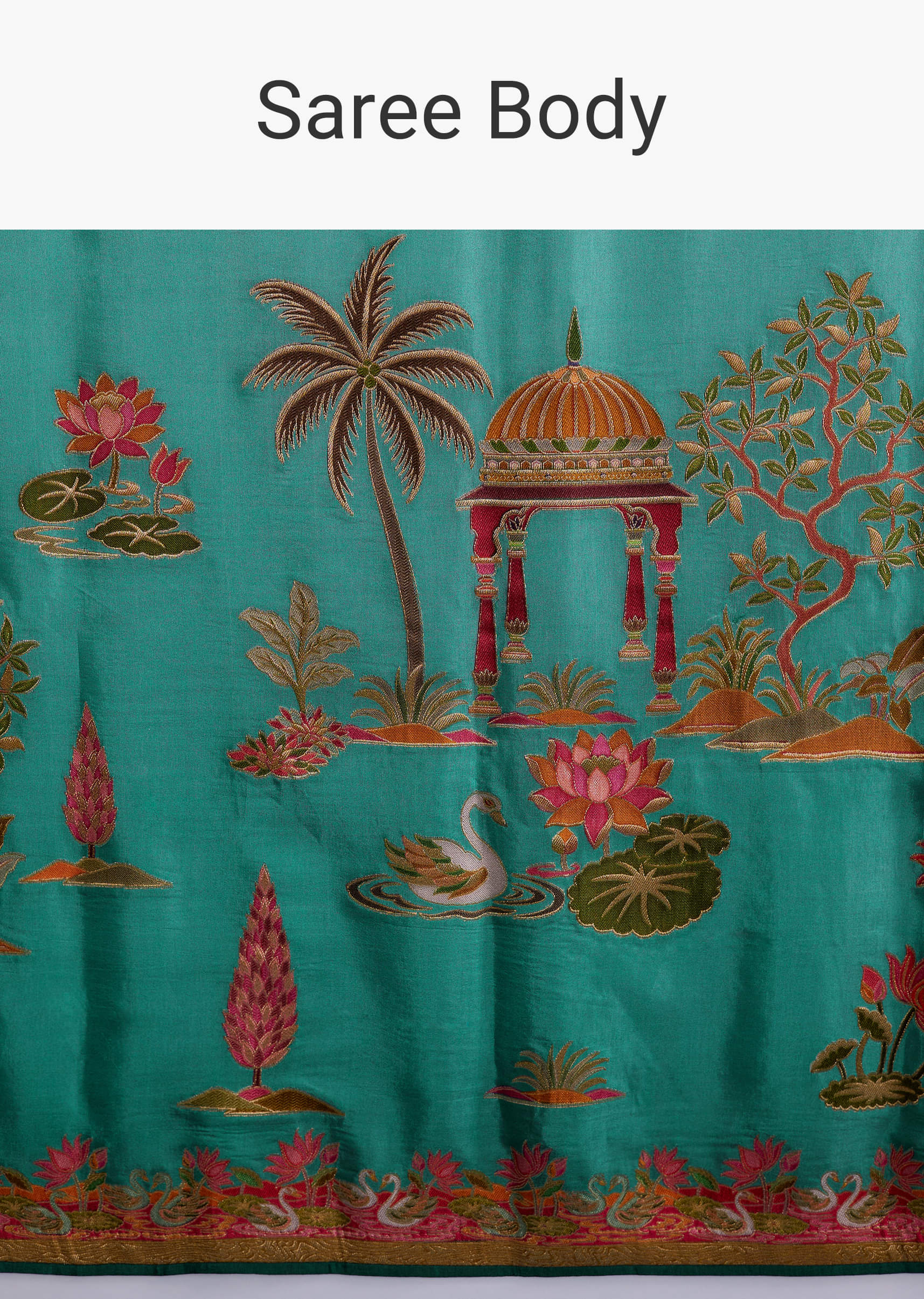 Teal Blue Dola Silk Saree With Nature Motifs And Embroidery - Image 9