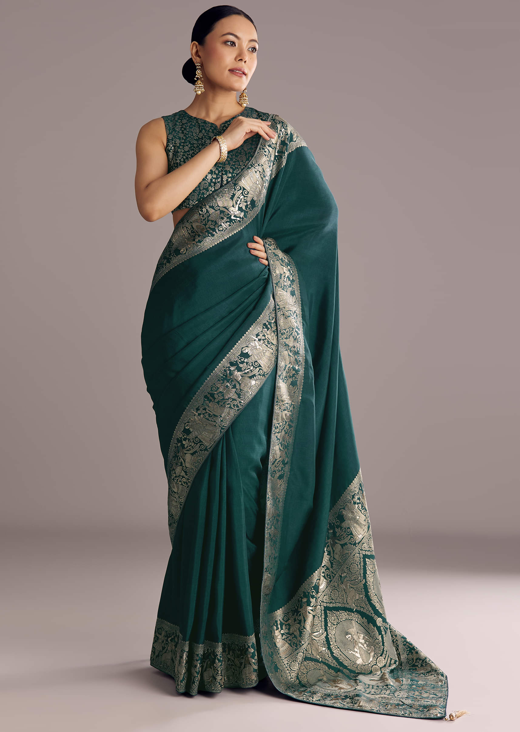Teal Blue Dola Silk Saree With Zari Woven Motifs - Image 2