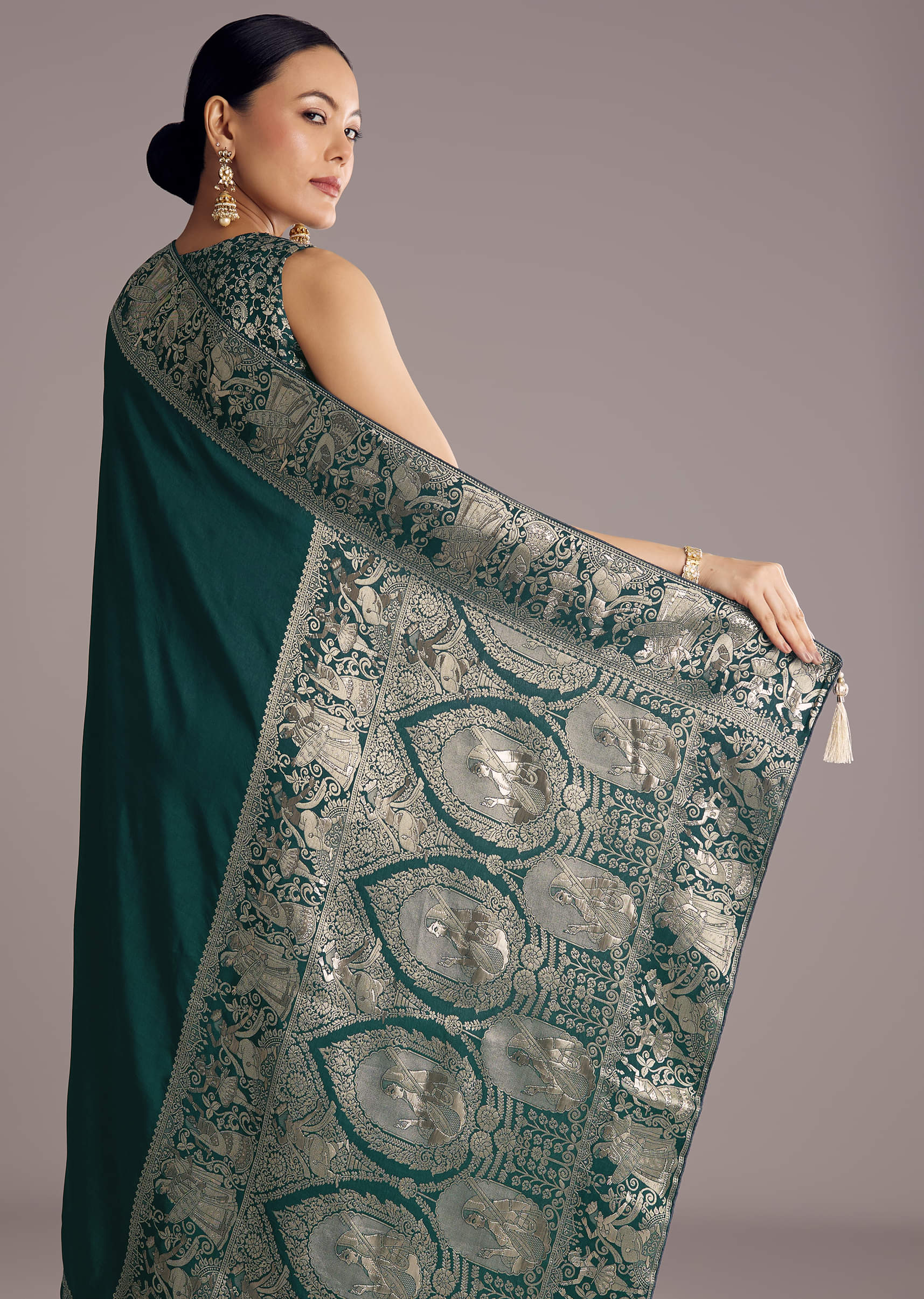 Teal Blue Dola Silk Saree With Zari Woven Motifs - Image 4