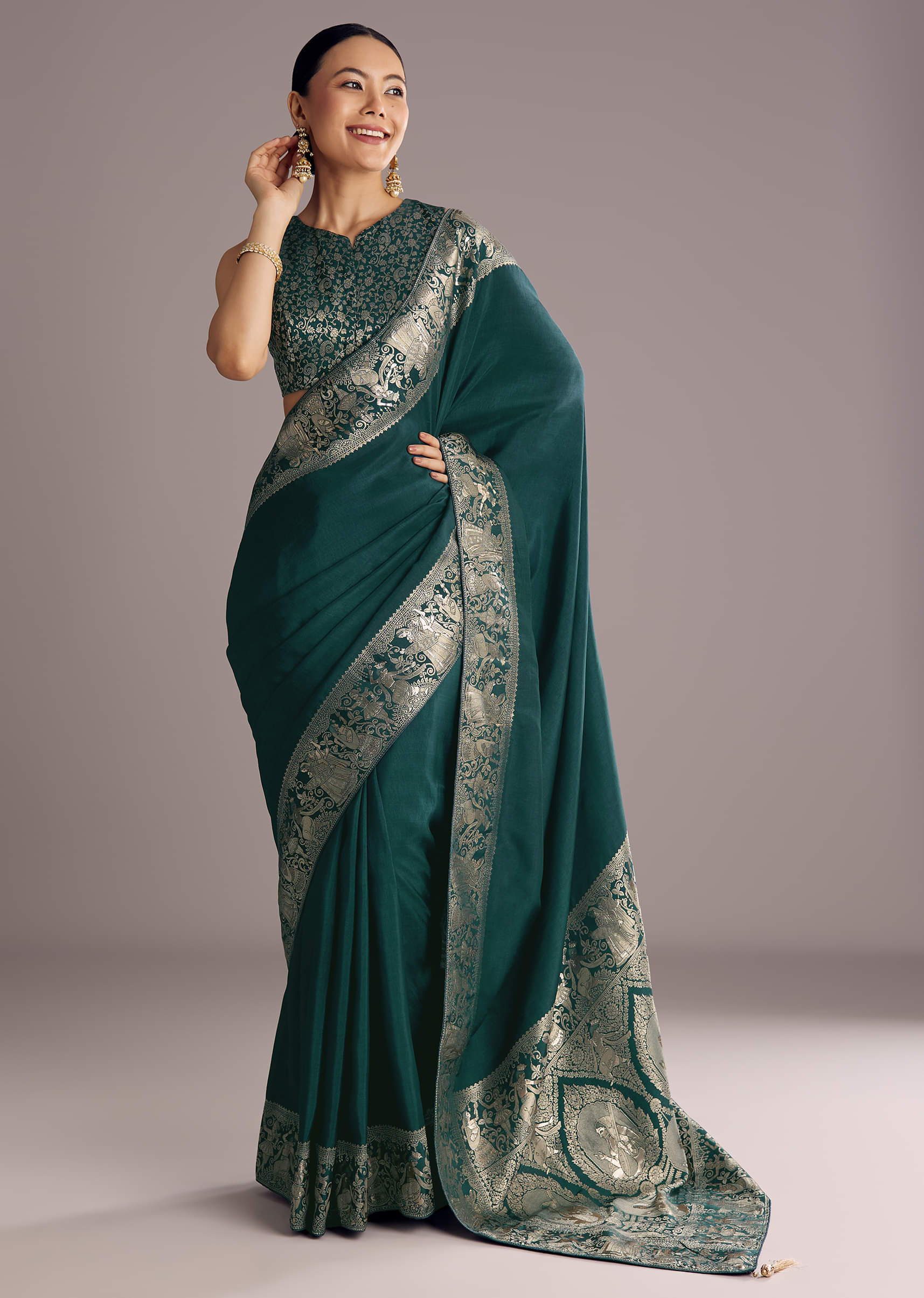 Teal Blue Dola Silk Saree With Zari Woven Motifs - Image 5