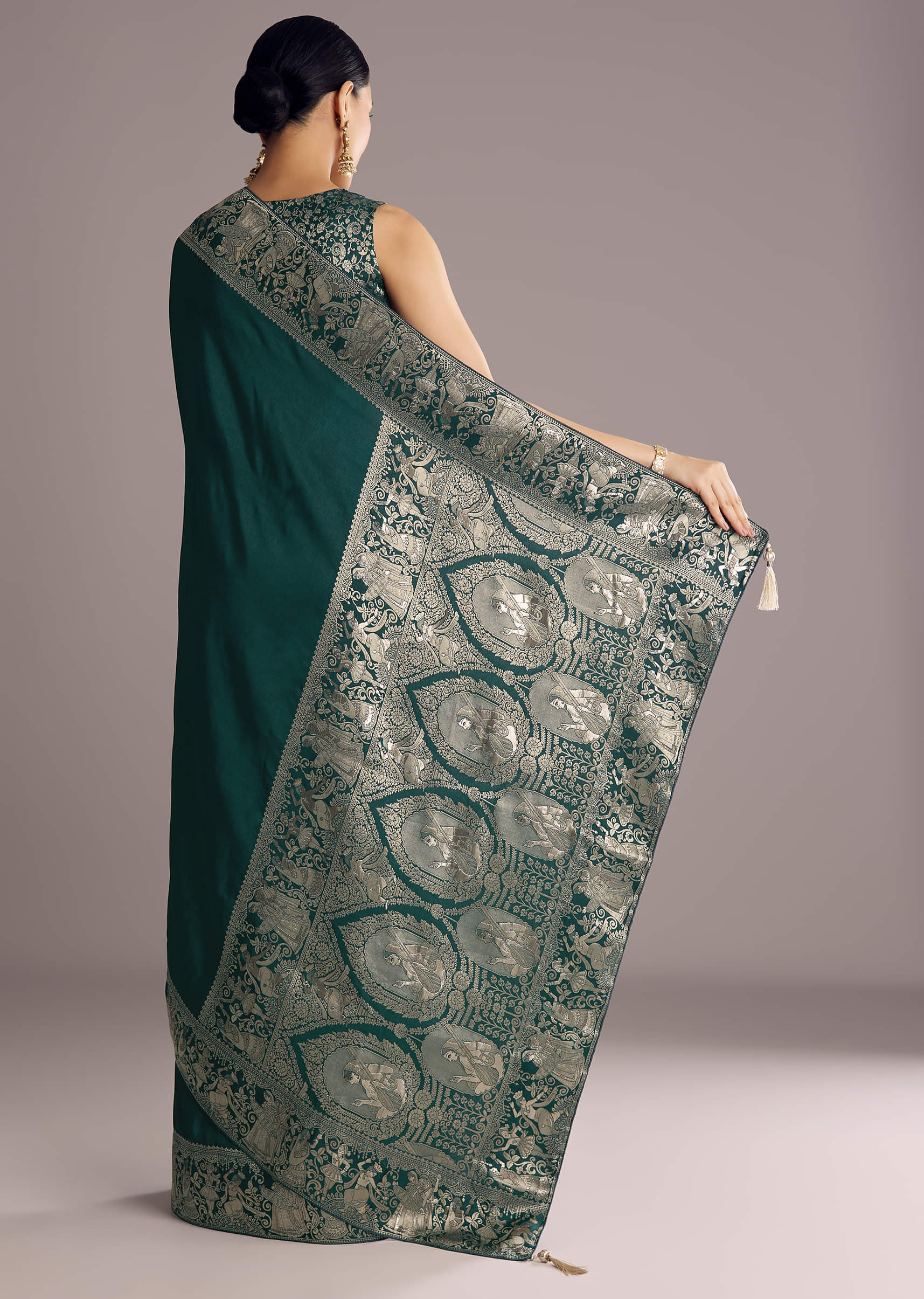 Teal Blue Dola Silk Saree With Zari Woven Motifs - Image 6