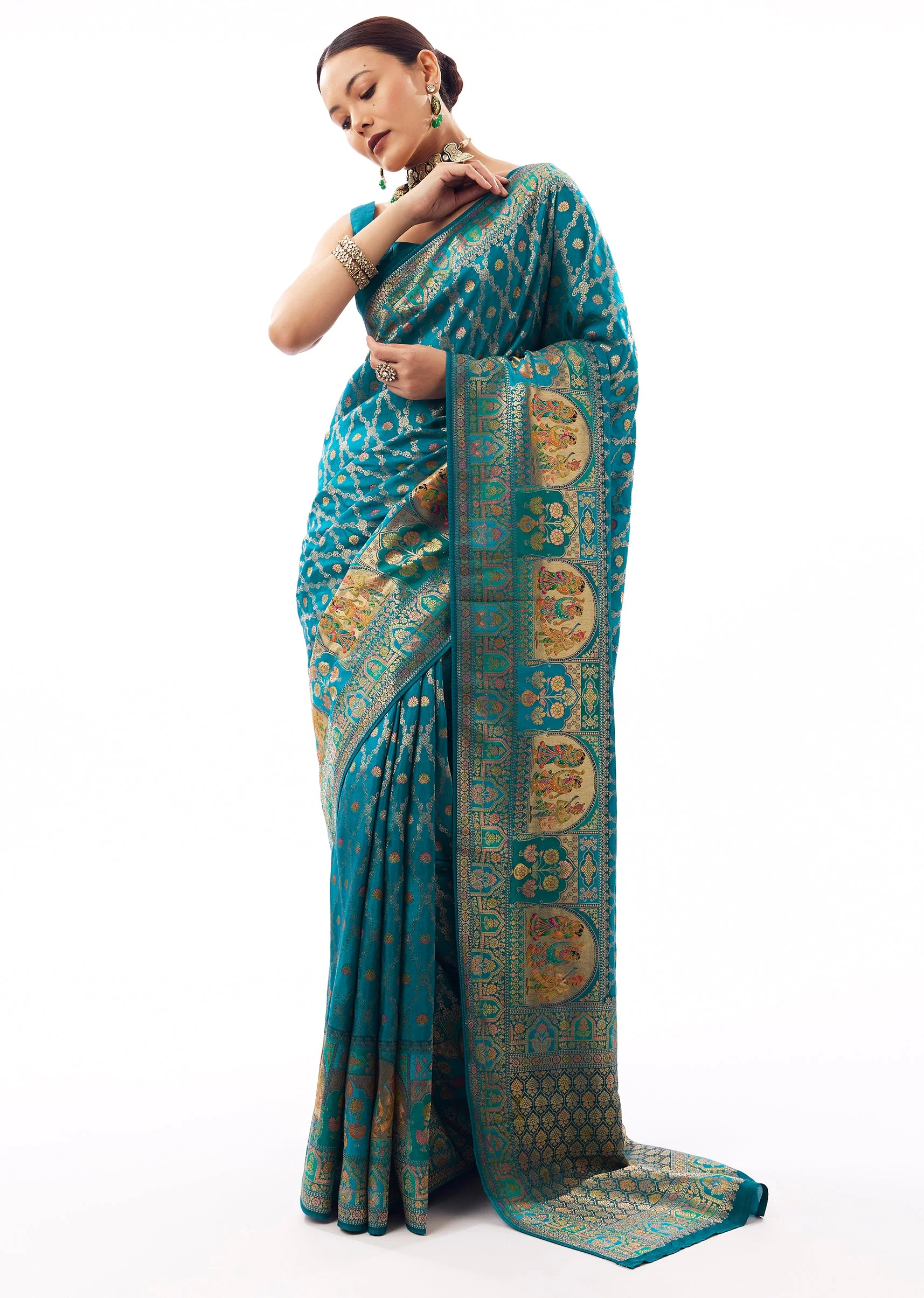 Teal Blue Dola Silk Zari Woven Saree