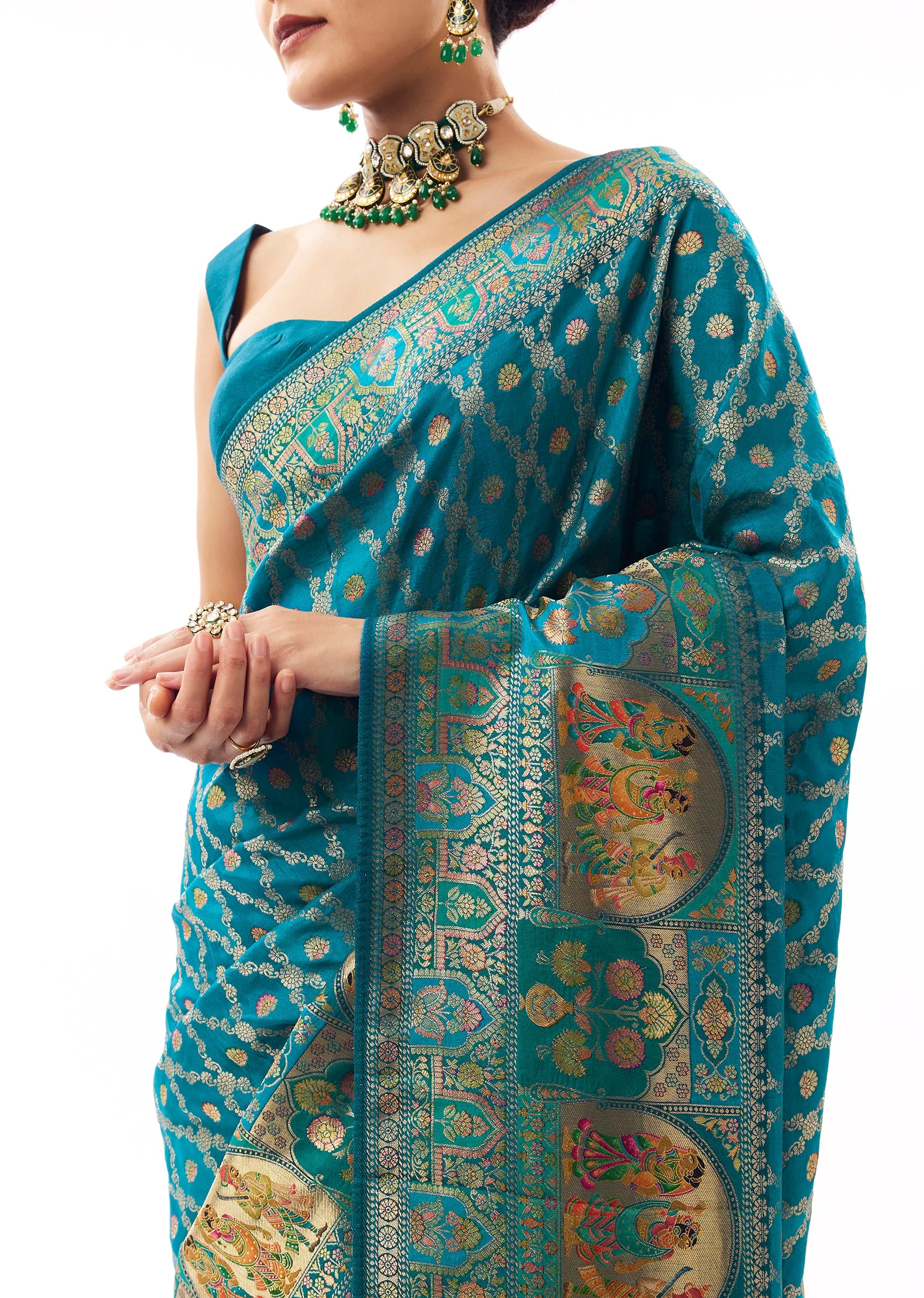 Teal Blue Dola Silk Zari Woven Saree - Image 2