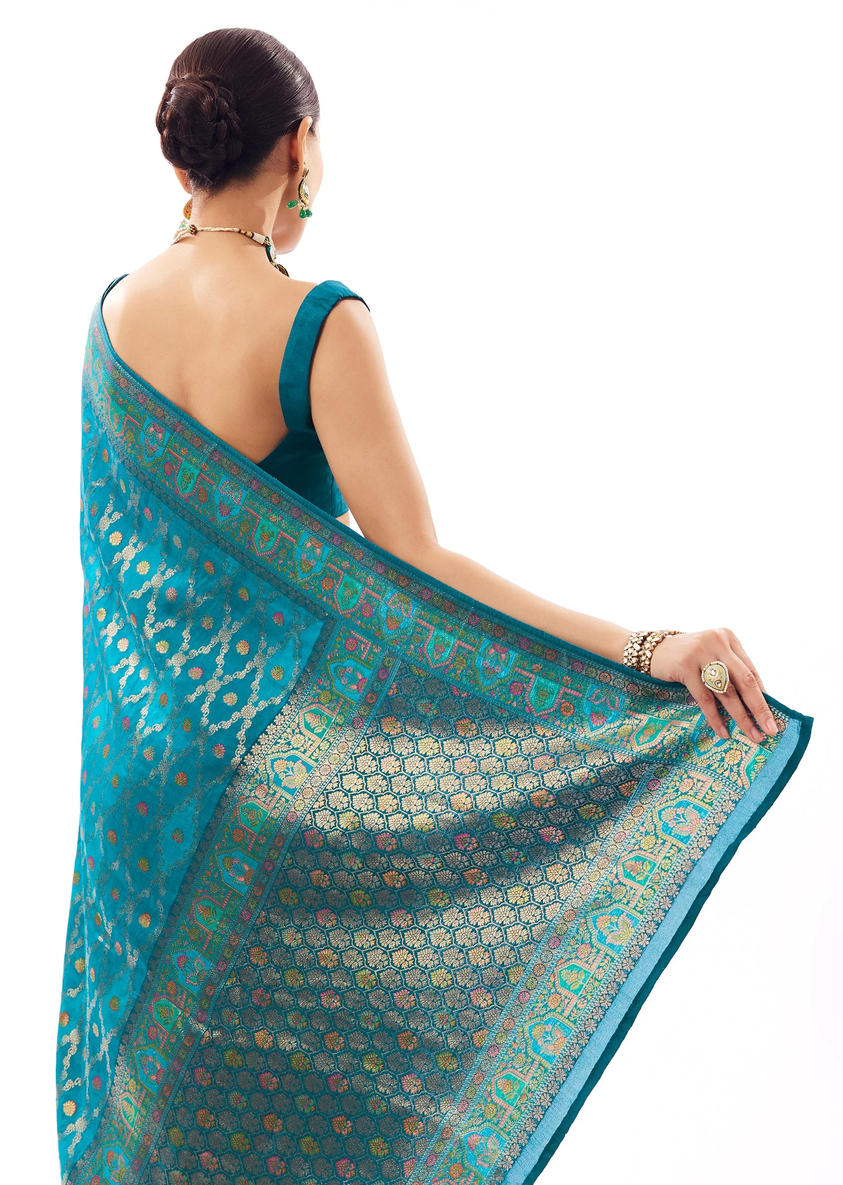 Teal Blue Dola Silk Zari Woven Saree - Image 6