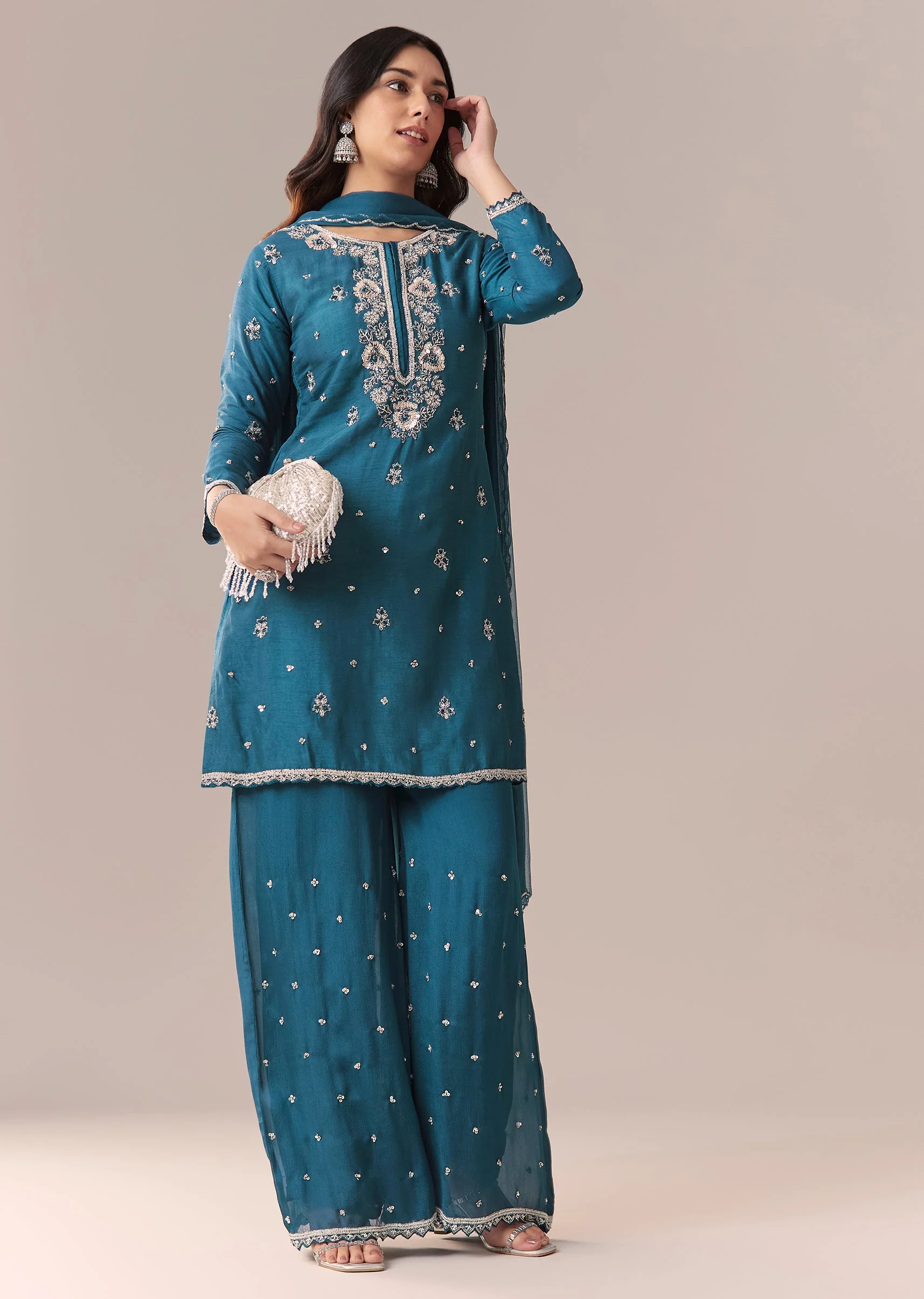 Teal Blue Embellished Palazzo Suit Set With Dupatta - Image 3