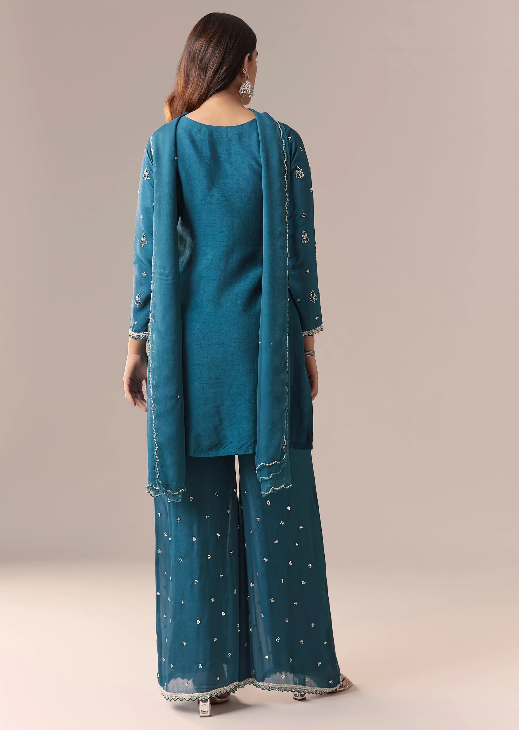 Teal Blue Embellished Palazzo Suit Set With Dupatta - Image 5