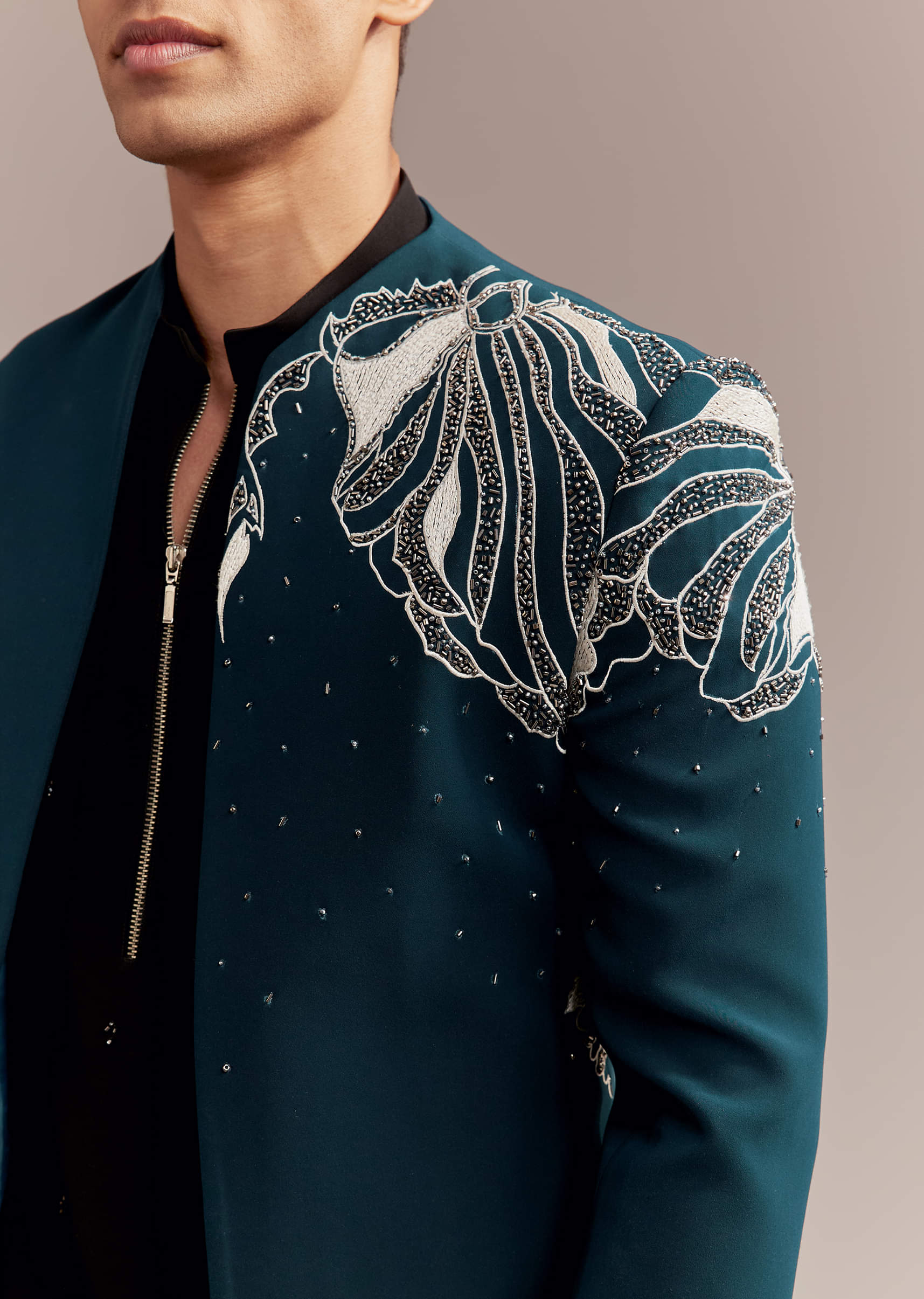 Teal Blue Indo Western Set For Men With Heavy Embroidery - Image 2