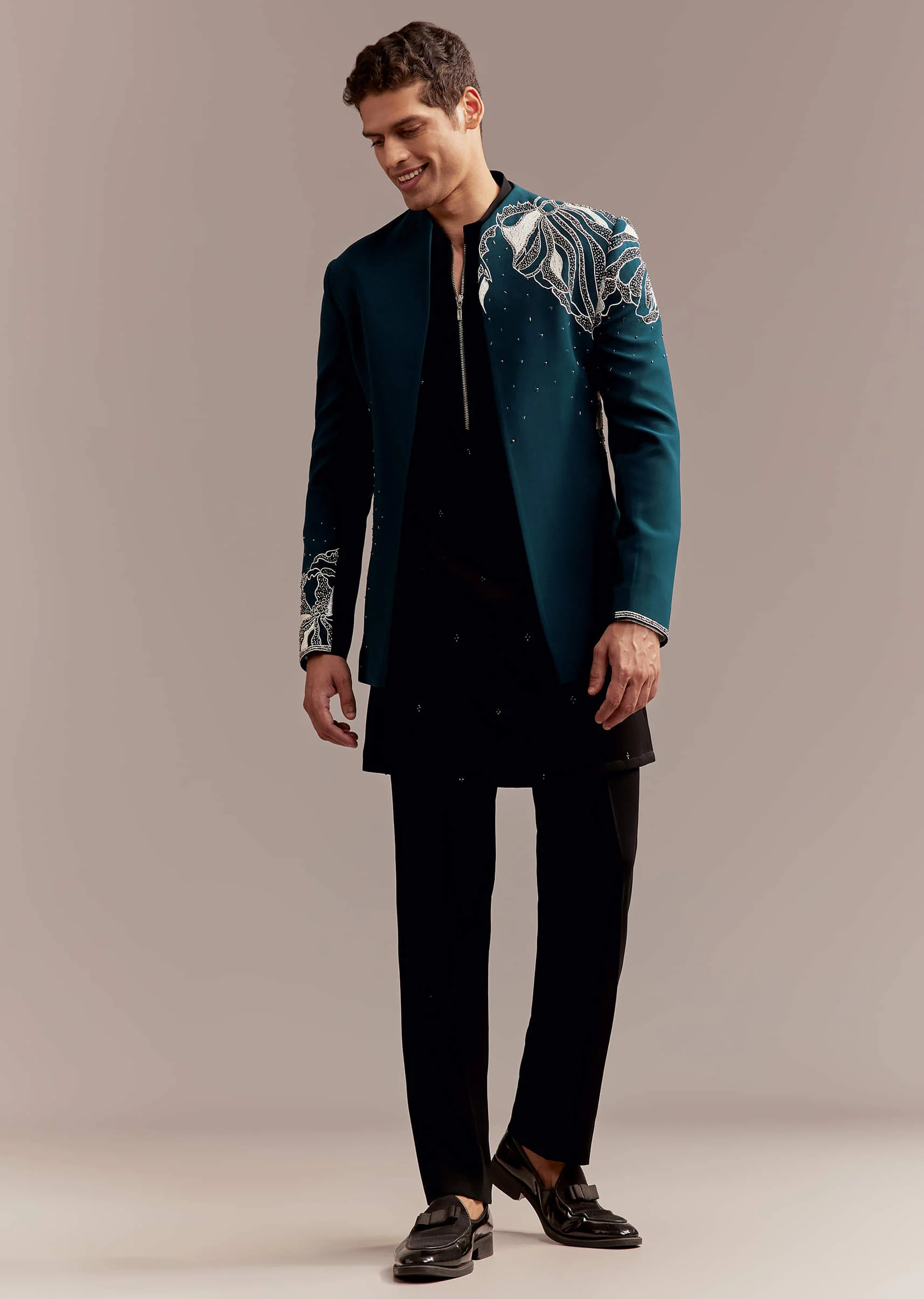 Teal Blue Indo Western Set For Men With Heavy Embroidery - Image 3