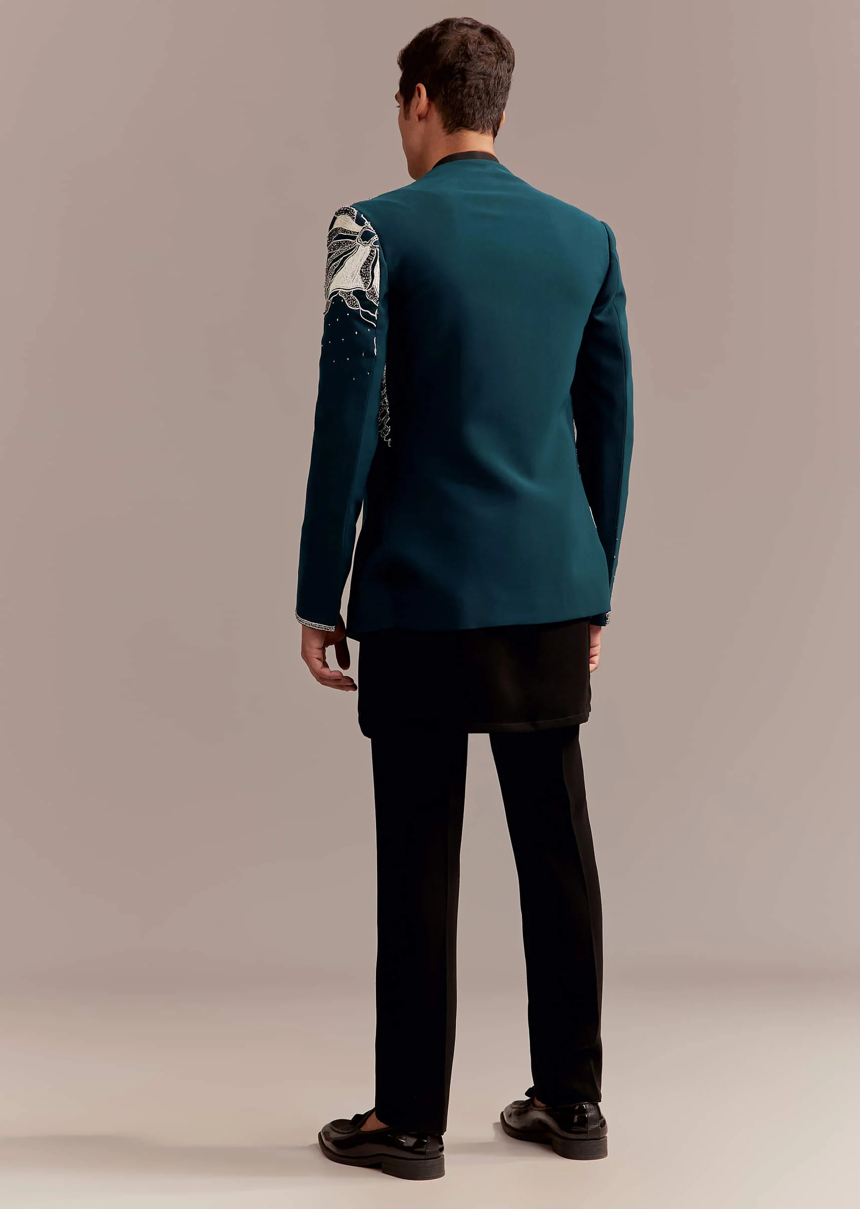 Teal Blue Indo Western Set For Men With Heavy Embroidery - Image 6