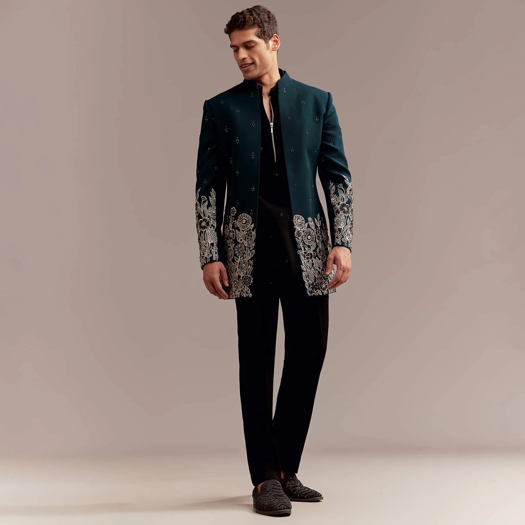 Teal Blue Indo Western Set For Men With Ivory Floral Embroidery - Image 4